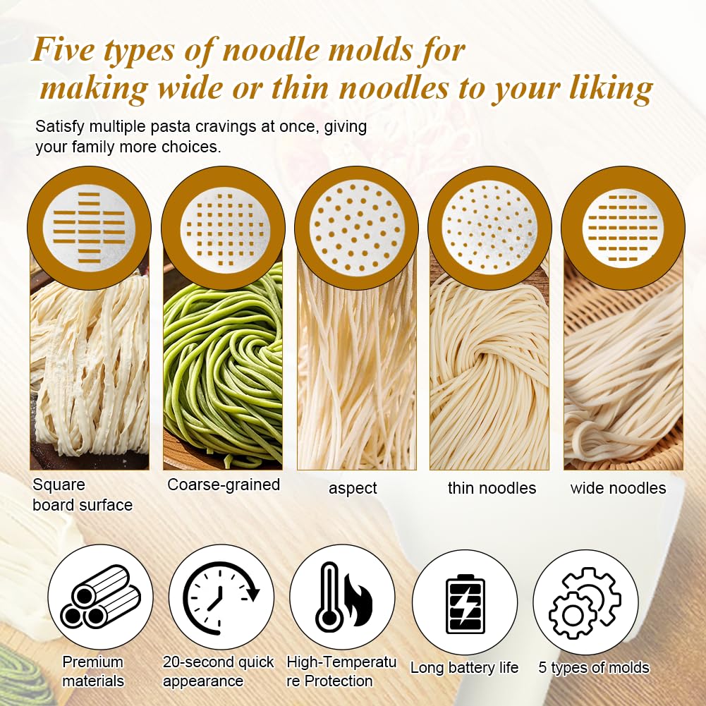 Elektrische Nudelmaschine Handheld Kabellos 40W mit 5 Pressformen Aufladbar Pasta Maker für Spaghetti Fettuccine