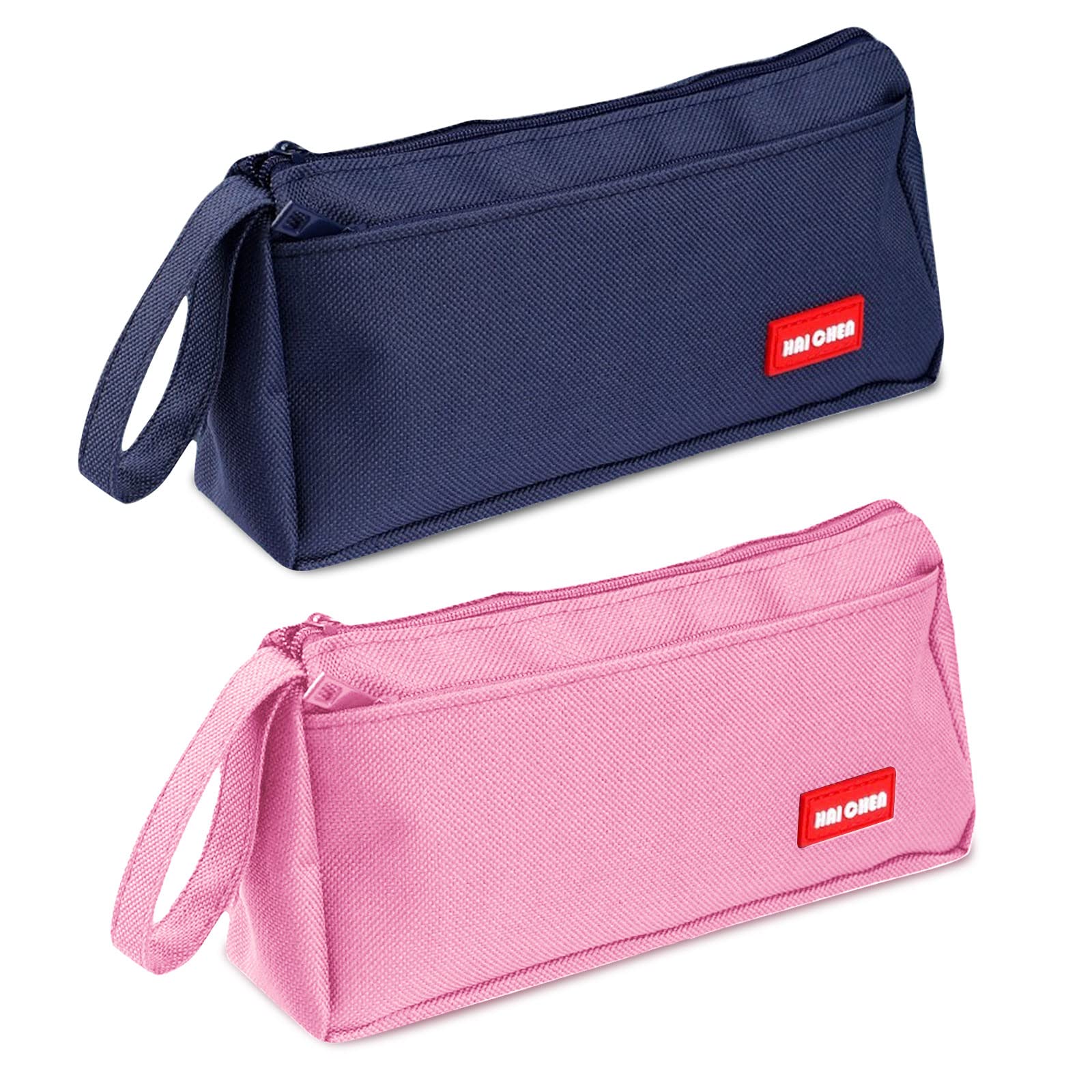NCOALE Large Pencil Case, 2 PCS Big Capacity School Supplies Pencil Pouch Handheld Pen Bag Portable Cosmetic Organizer with Compartments, for School Office (Blue, Pink)
