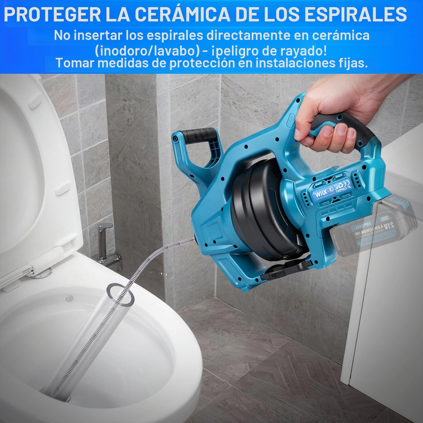 XIIW Hurón Desatascador de tuberías - 7,6 m Flexible Espiral, Delantero/Trasero, Barrera Portátil Alcantarillado [Sin batería] - Desatascar/limpiar Tubos Ø19-85 mm, con bolsa y protecciones(batería no | Máquina automática de limpieza eléctrica para tuberí