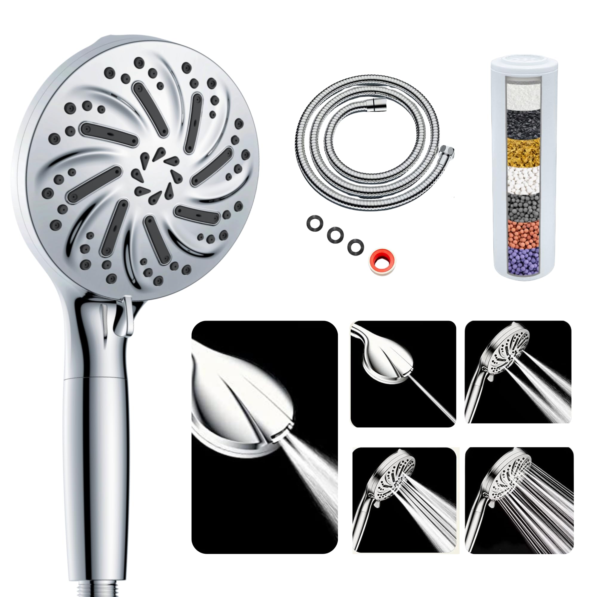 Filtered Shower Head with Handheld, High pressure 10 spray mode, 15 Stage Filters Remove Chlorine, 99% of harmful bacteria & pollutants, Prevent Hair Loss，Reduces Dry Itchy Skin