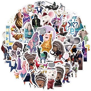 50Pcs Sing Movie Stickers, Cute Cartoon Movie Sing Stickers Gifts for Kids, Waterproof Vinyl Decal for Teen Girl Adult Laptop, Water Bottle, Luggage, Phone, Skateboard, Guitar, Bike (Sing Movie)