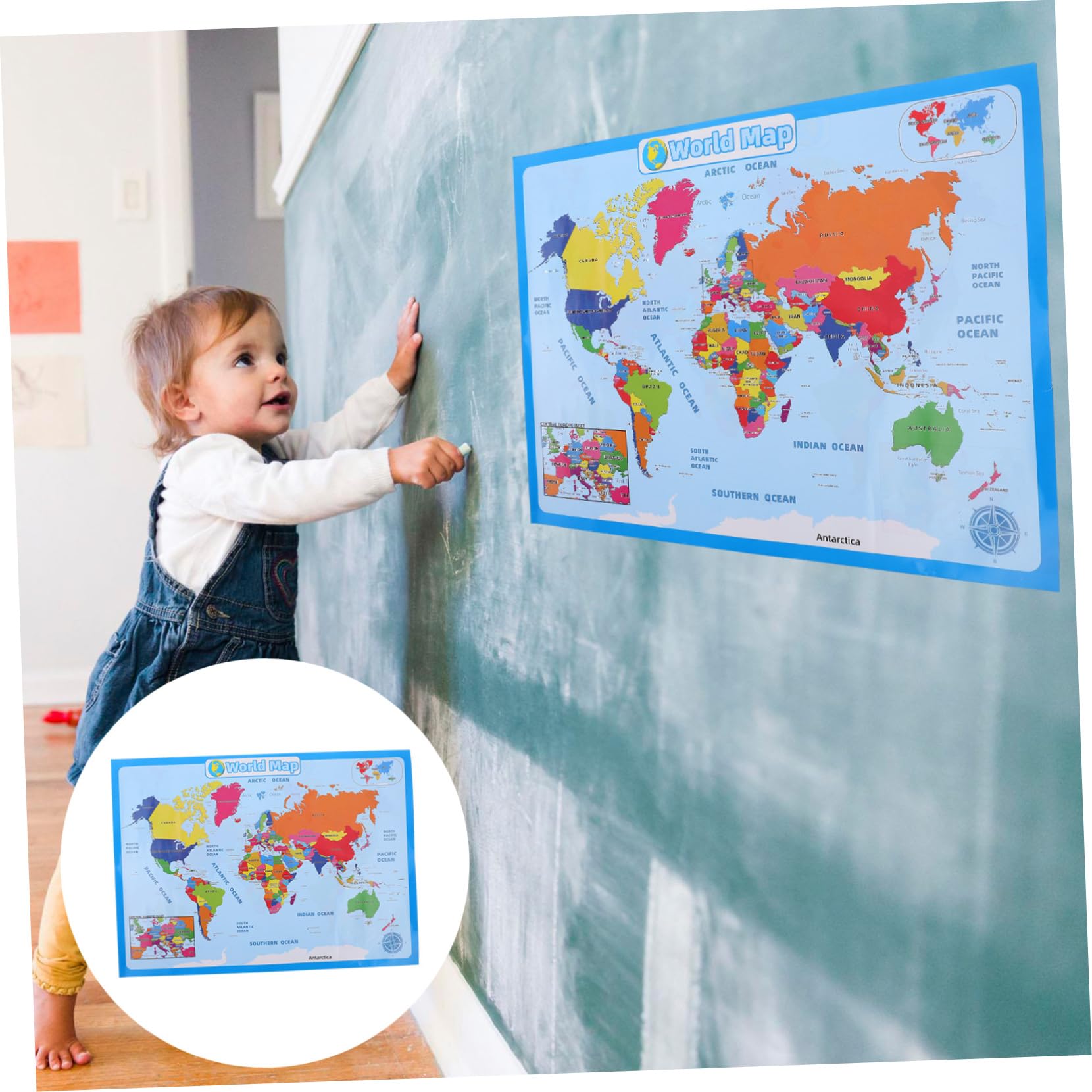 TEHAUX 3blätter Weltkarte Junge Mädchen Lernposter Abwischbar Leicht Kompakt Für Kindergarten Schule Fördert Interesse Wissen Über Länder Bunte Designs Für Spielerisches Lernen