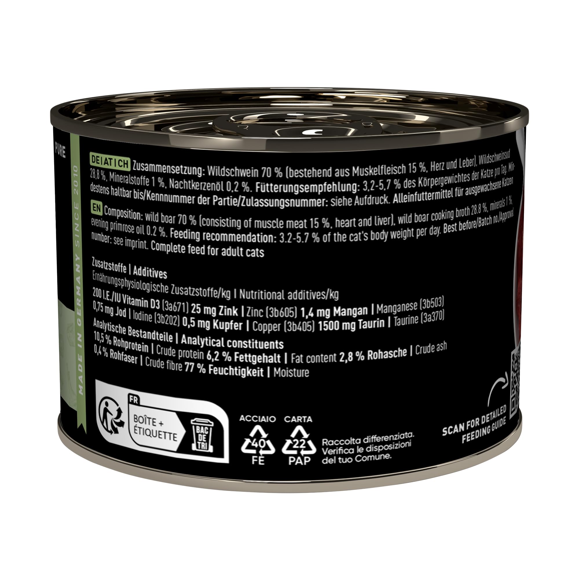 catz finefood Purrrr Monoprotein karma dla kotów z motywem dzika, mokra nr 109, dla kotów wrażliwych na odżywianie, 70% zawartości mięsa, puszka 6 x 200 g