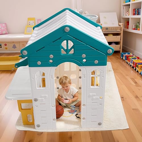 Miniatura 8 de VEVOR Casa de juegos al aire libre, versátil parque infantil con tobogán, baloncesto, telescopio, volante, túnel de gateo, ventana de ventas, juego