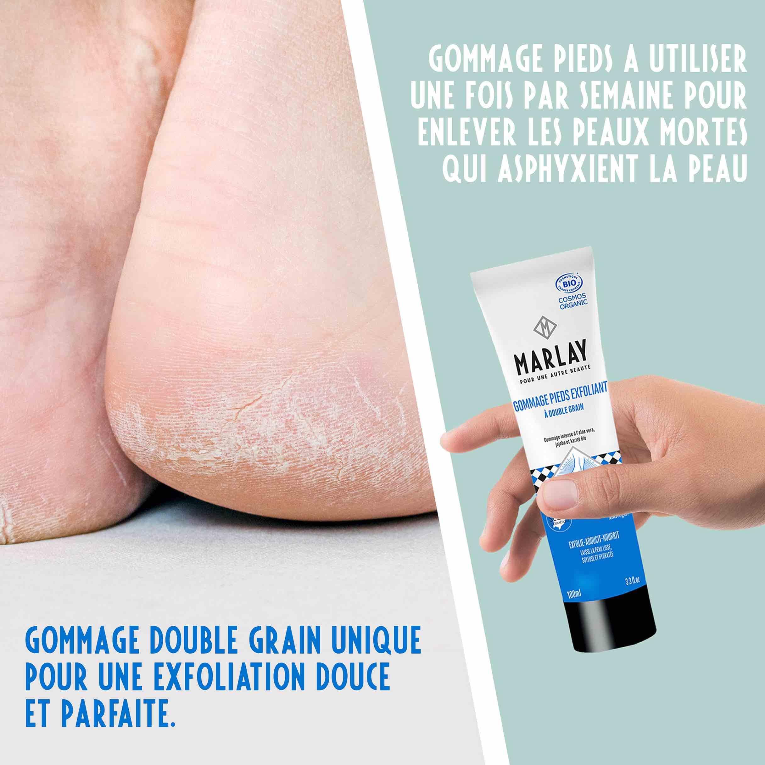 Marlay Cosmetics - Gommage Pieds Exfoliant 100 ml - Peeling Pied - Crème Exfoliante Bio Soin des Pieds - Aloé Vera, Beurre Karité, Huile Jojoba - Peaux Sèches - Fabriqué en France - Yuka 100/100