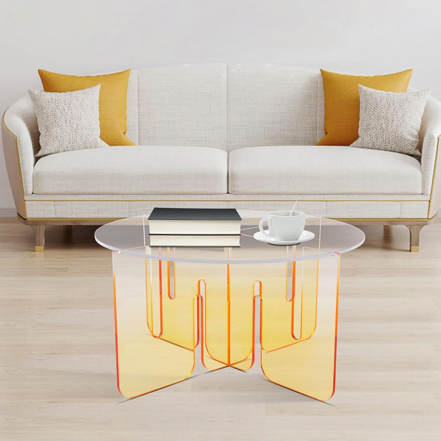 32inch Acrylic Coffee Table, Acrylic Orange Side End Table Round Modern Accent Table Coffee Tablé Easy Assemble for Living Room Clear Round Top