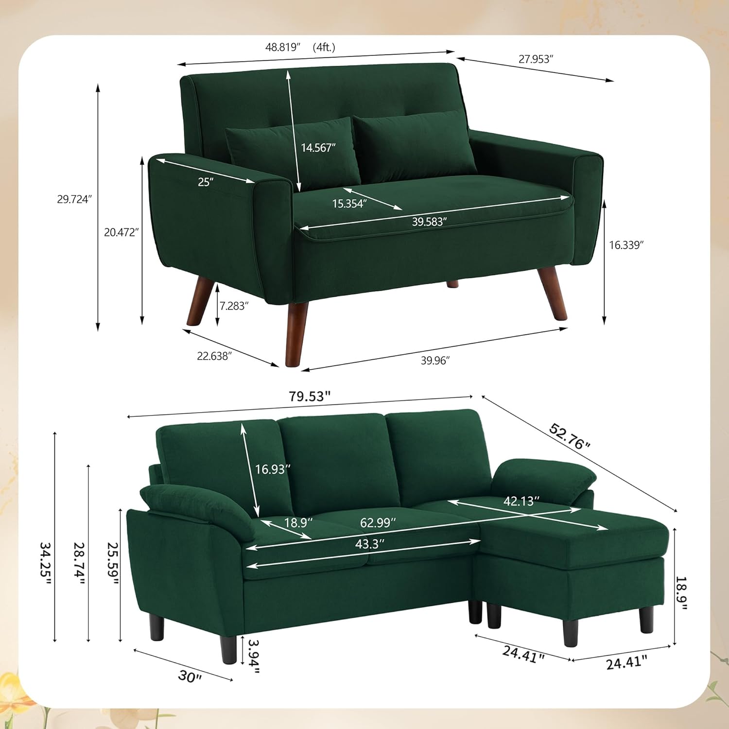 79" Convertible Sectional Sofa Sets, Modern L Shaped 3-Seat Couches with Reversible Chaise and Loveseat Sets for Living Room, Apartment, Green