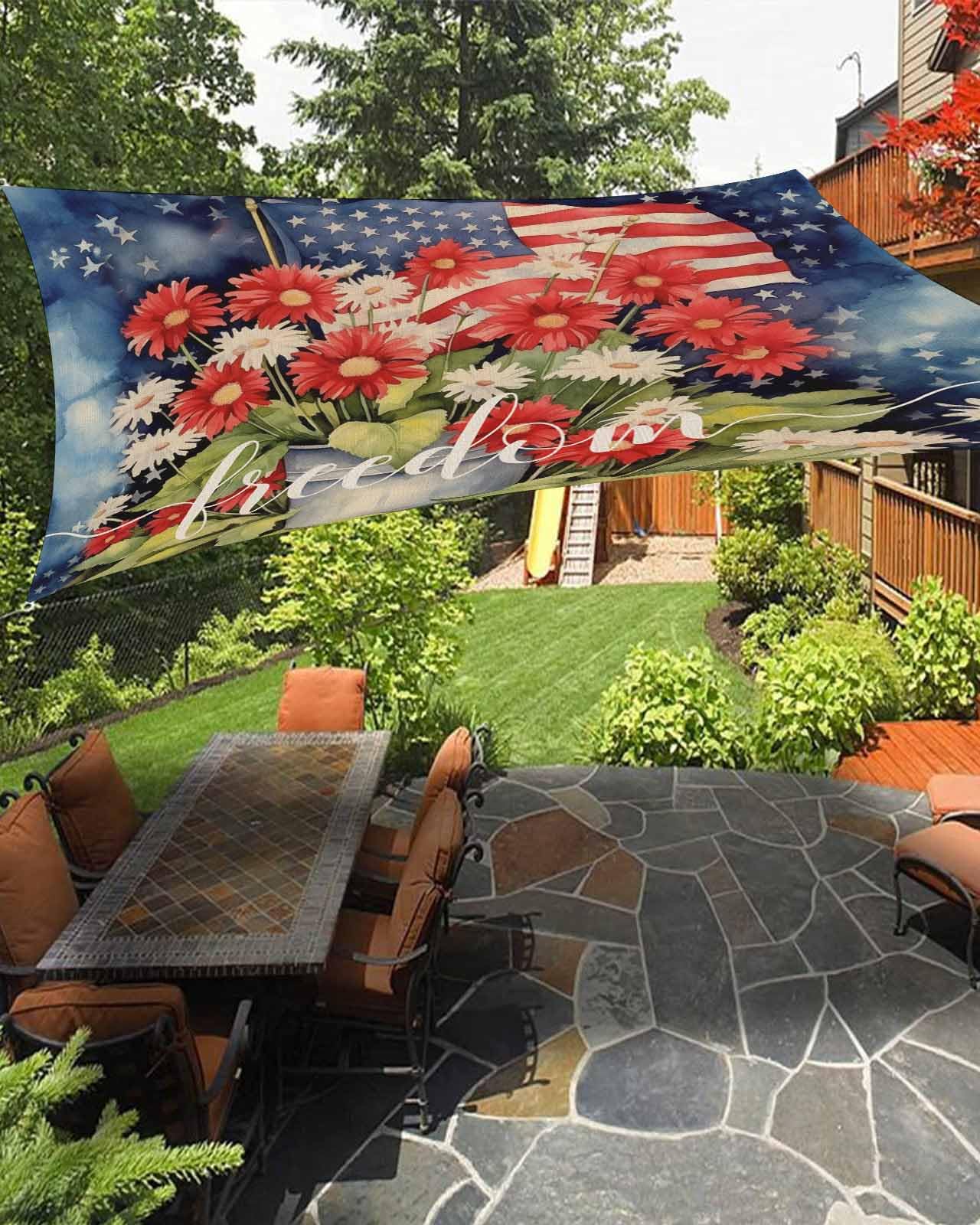 4th of July Sun Sail Shades Rectangle Canopy,Sunlight Block Heavy Duty Curved Backyard Shade Cover,Waterproof Sun Shades for Patios Garden Outdoor,12'x16' Patriotic Memorial Day Vintage Red Floral