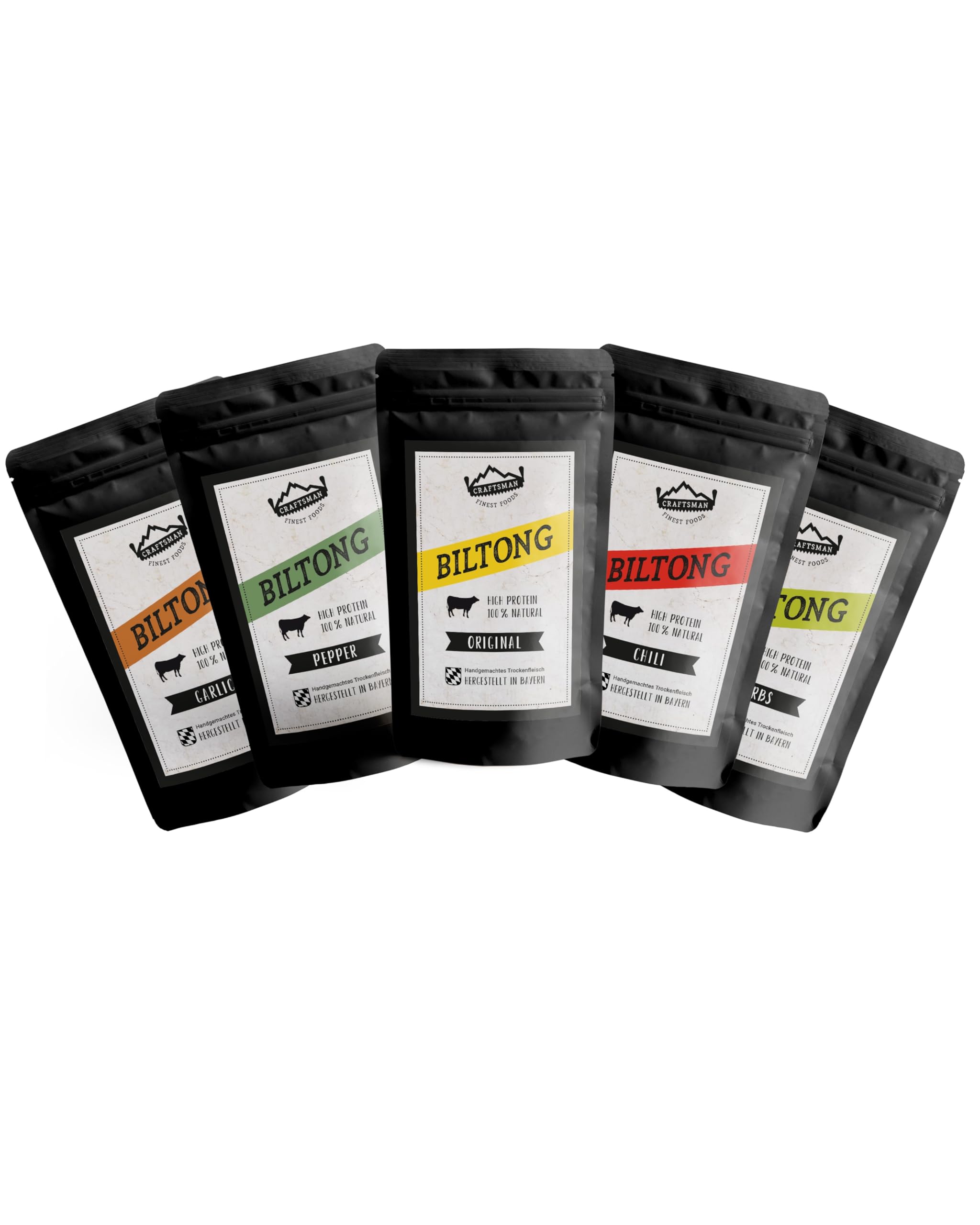 Craftsman Biltong Trockenfleisch Probierpack | Beef Jerky Mix Set aus Deutschland - Bayern | Ohne Zucker | 100% Rindfleisch | Rezept aus Namibia Afrika (5 x 50g (250g))
