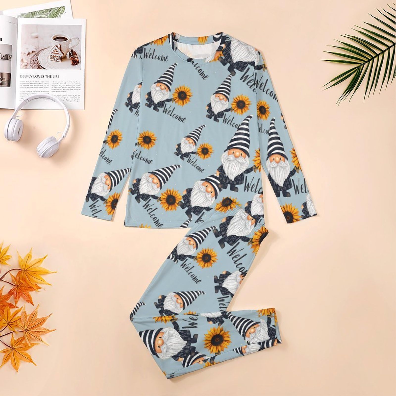 Welcome Gnome - Conjunto de pijama para hombre, cuello redondo, 2 piezas, manga larga, suave, transpirable para todas las estaciones