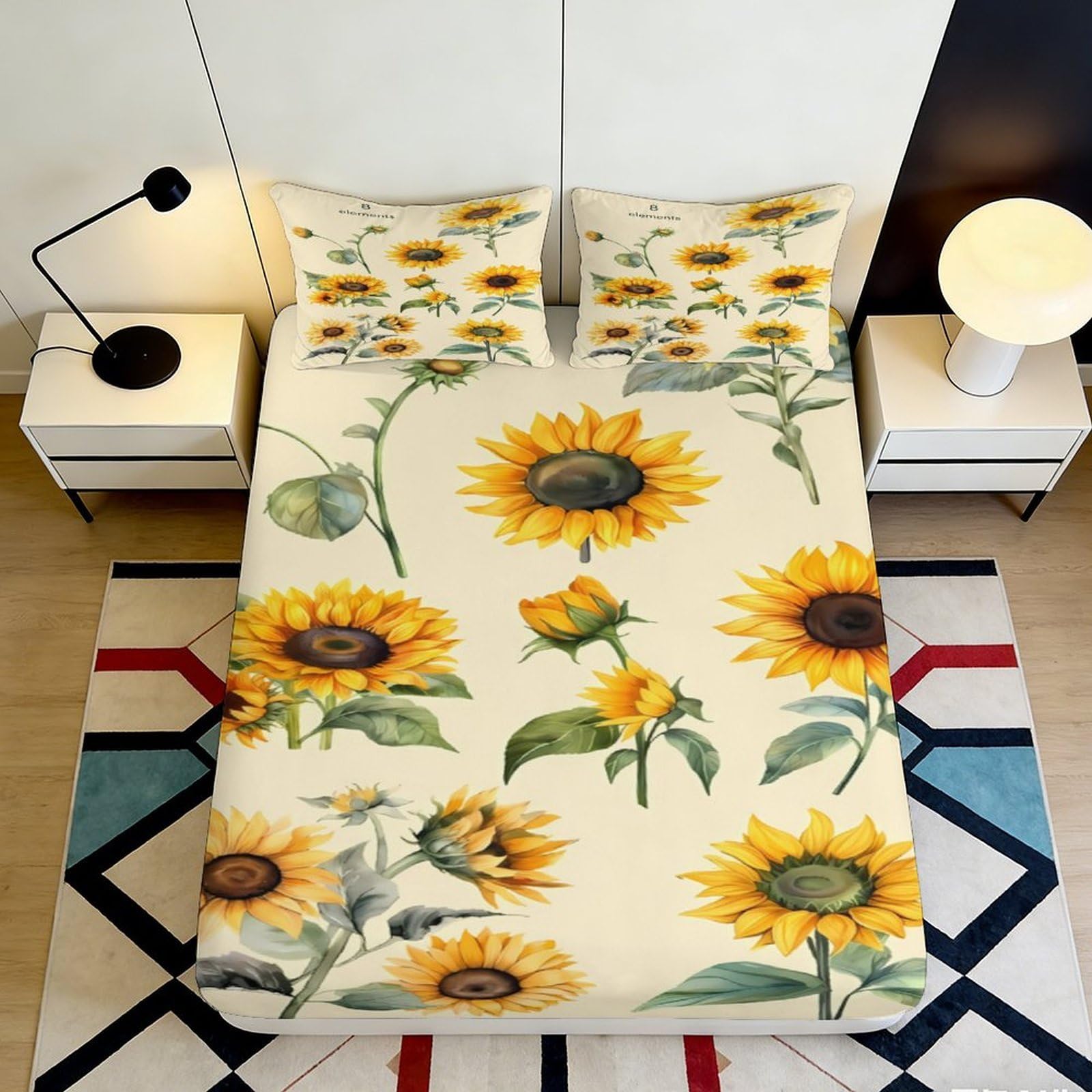 3D Printed Sunflower Fitted Sheet Microfiber Soft Breathable Floral Bed Cover for Bedroom Dormitory Guest Room Mattress Protection Decor 180x200x25cm