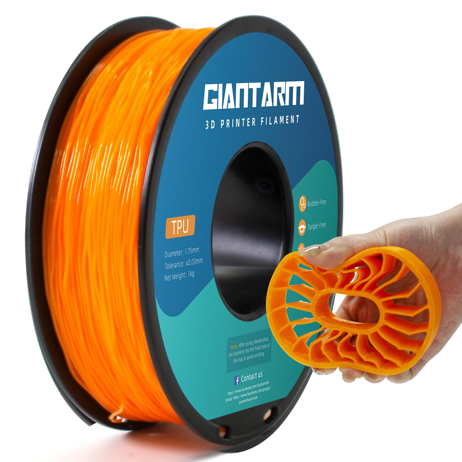 GIANTARM Filament TPU orange, filament TPU 95A de 1,75 mm, précision dimensionnelle +/- 0,03, filament flexible et doux pour imprimante 3D, bobine de 2,2 livres, emballage sous vide (orange)