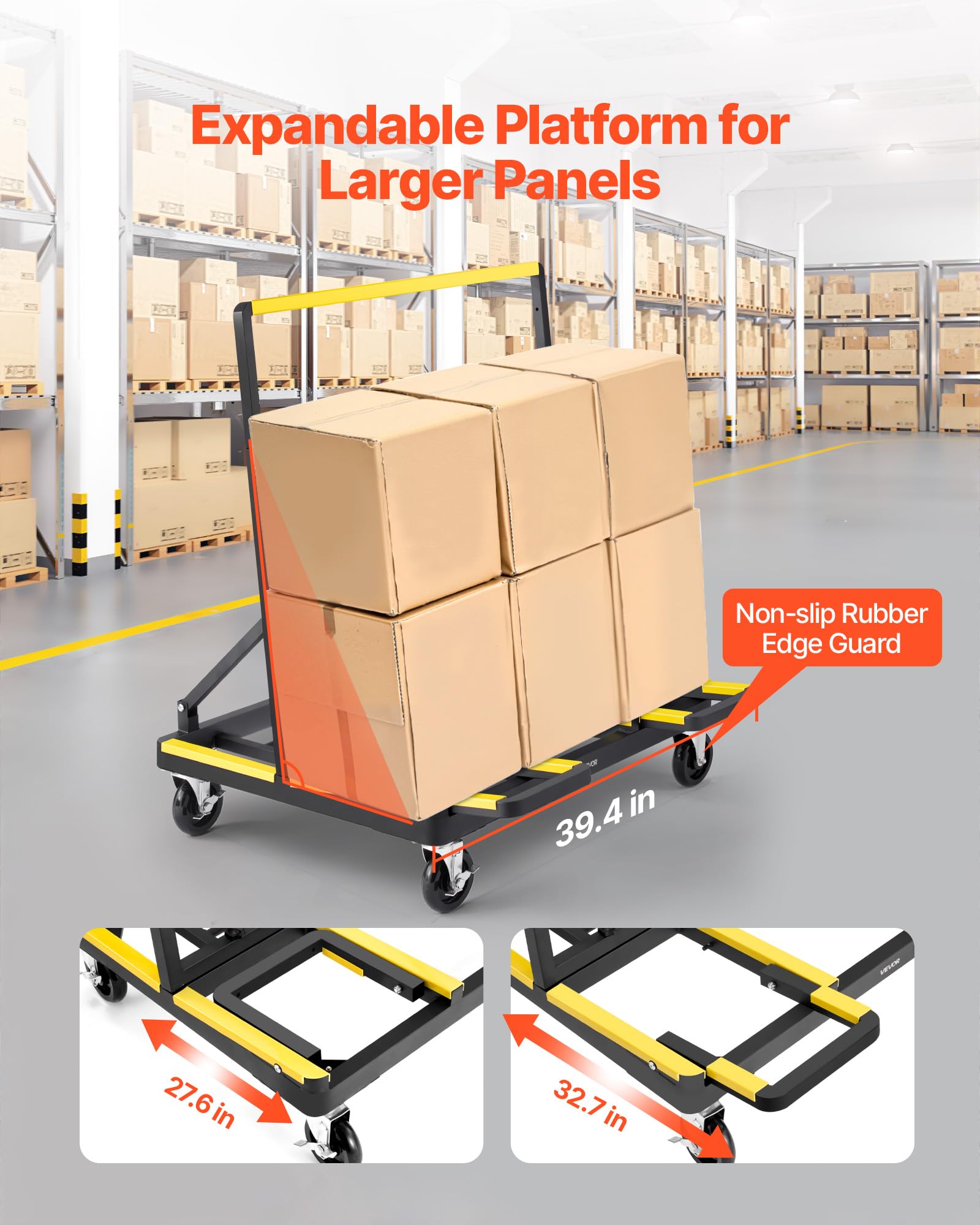 VEVOR Carrello per Cartongesso, Capacità di Carico 816 kg, in Acciaio con 4 Ruote Girevoli e Piano Espandibile, Carrello per Pannelli con Piattaforma Pieghevole con Cinghia di Fissaggio