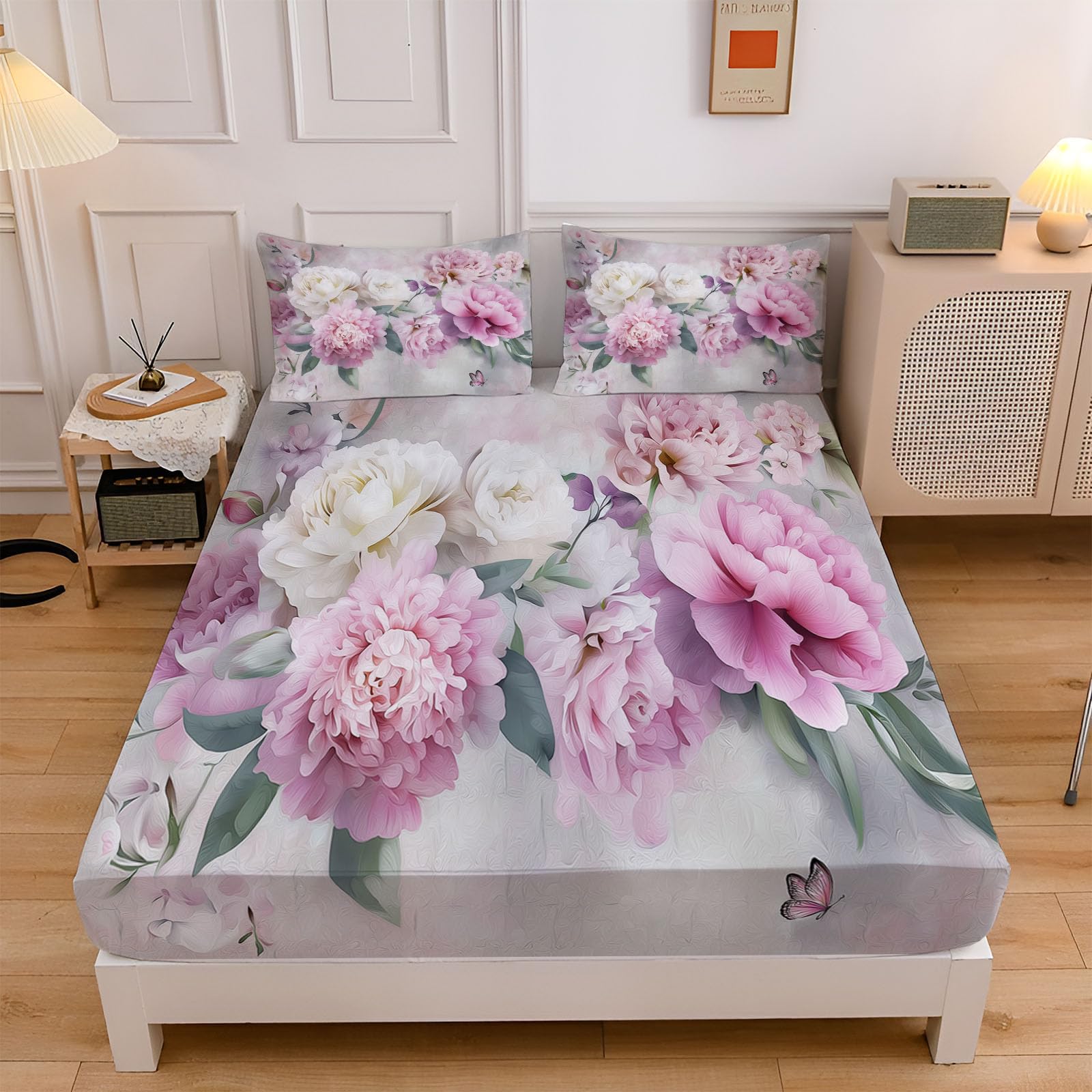 Draps housses doux pivoine vintage matelas ajustable 30cm