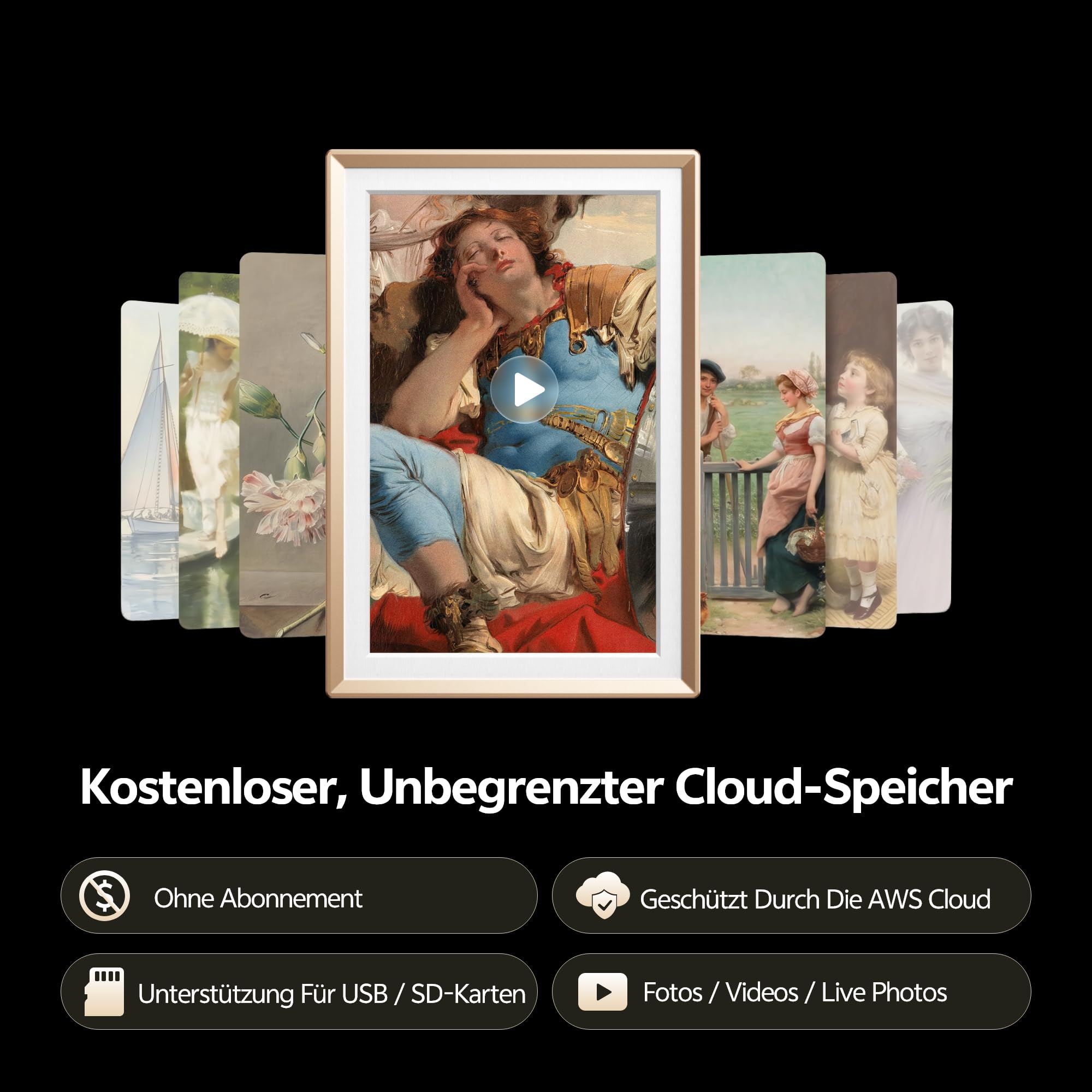 ARZOPA 14 Zoll 2K QHD Metall Digitaler Bilderrahmen ABO‑freier Cloudspeicher Unbegrenzt Fotos & Videos über App Teilen Touchscreen Elektronischer Bilderrahmen Geschenk für die Familie - Golden