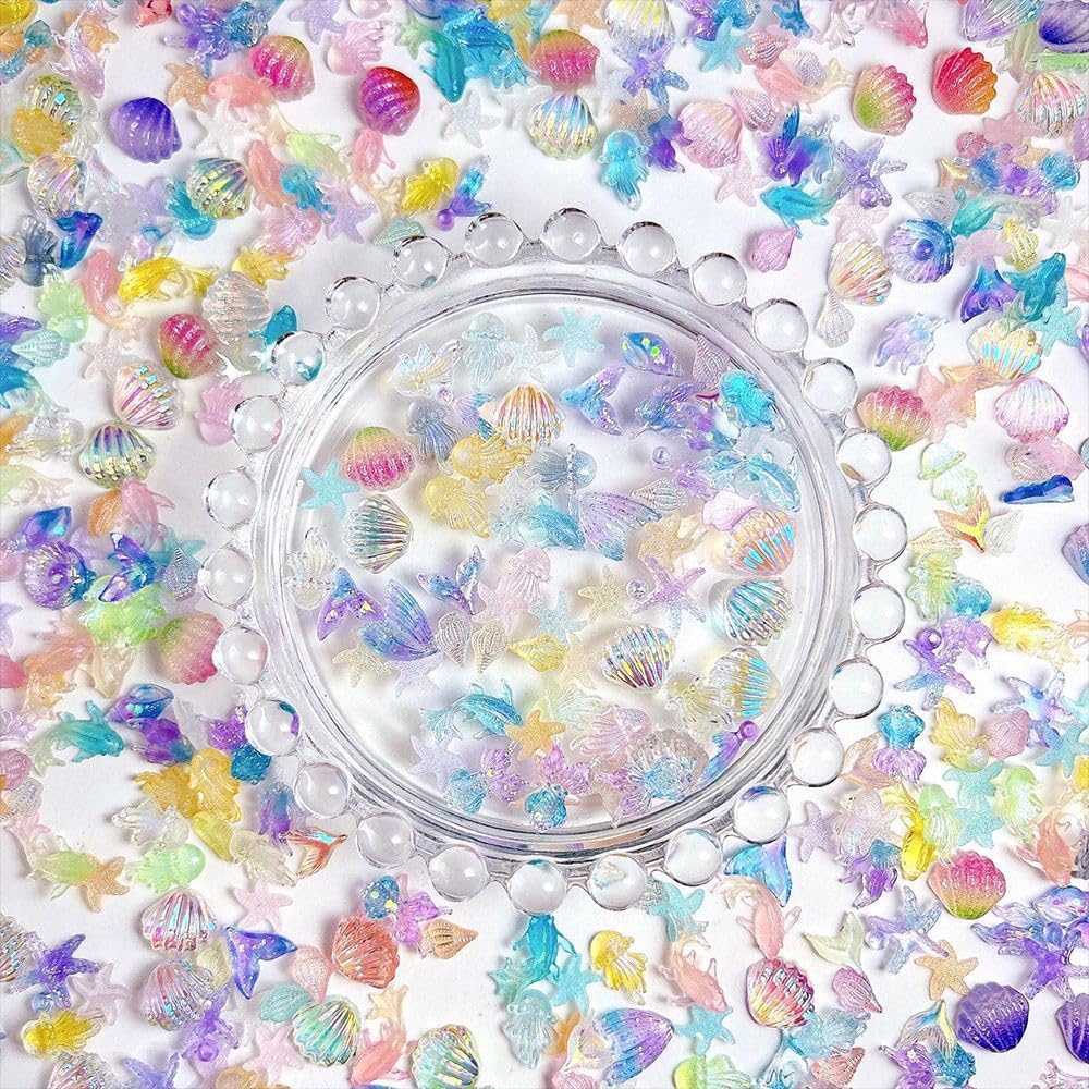 200PCS Summer Beach Nail Resin Charms Summer Ocean Theme Nail Rhinestones Seashell Jellyfish Starfish Charms for Nails Dolphin Fishtail Nail Gems Nail Decoration Accessories for DIY Acrylic Nails