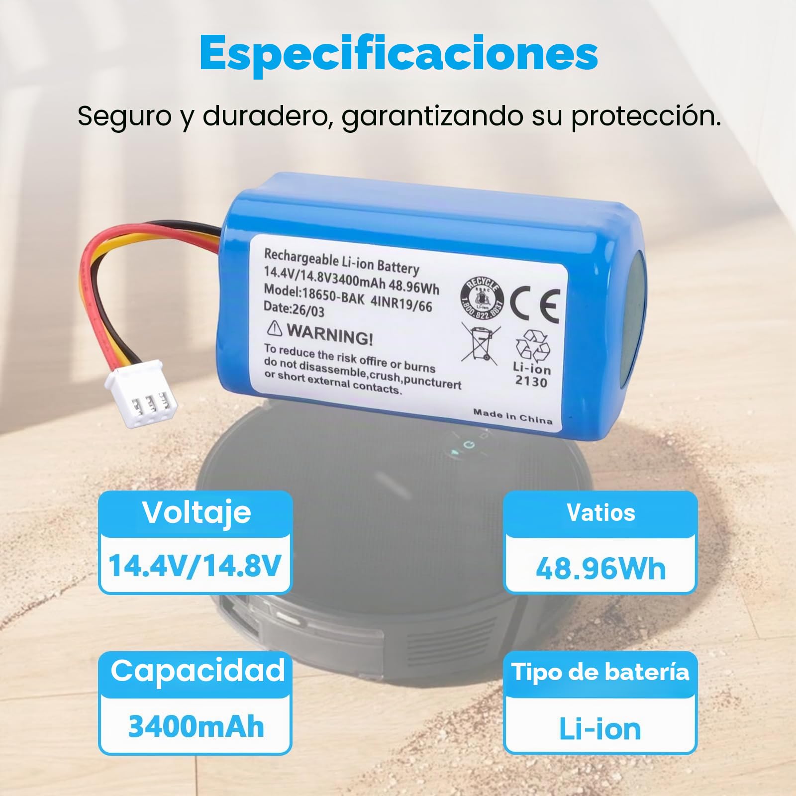 3400 mAh 14,4 V Batería 48,96Wh Repuesto Batería Compatible con CECOTEC Conga 2299, Conga 2299 Ultra Home Vital Aspiradora Robot