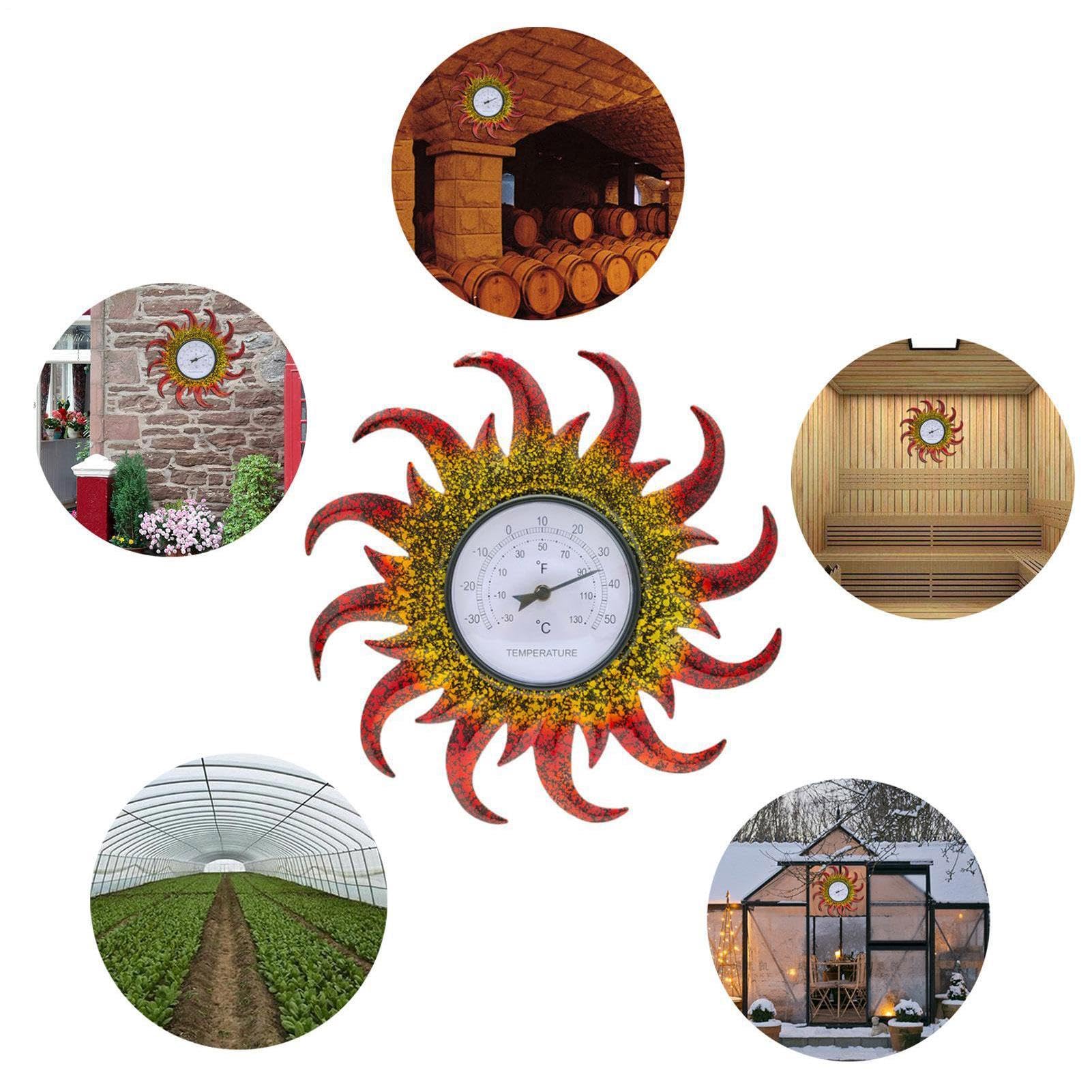 Termometro decorativo da esterno, 40 x 40 x 4 cm, a forma di | sole, per terrazza, soggiorno, serra da giardino, cantina, senza batterie necessarie