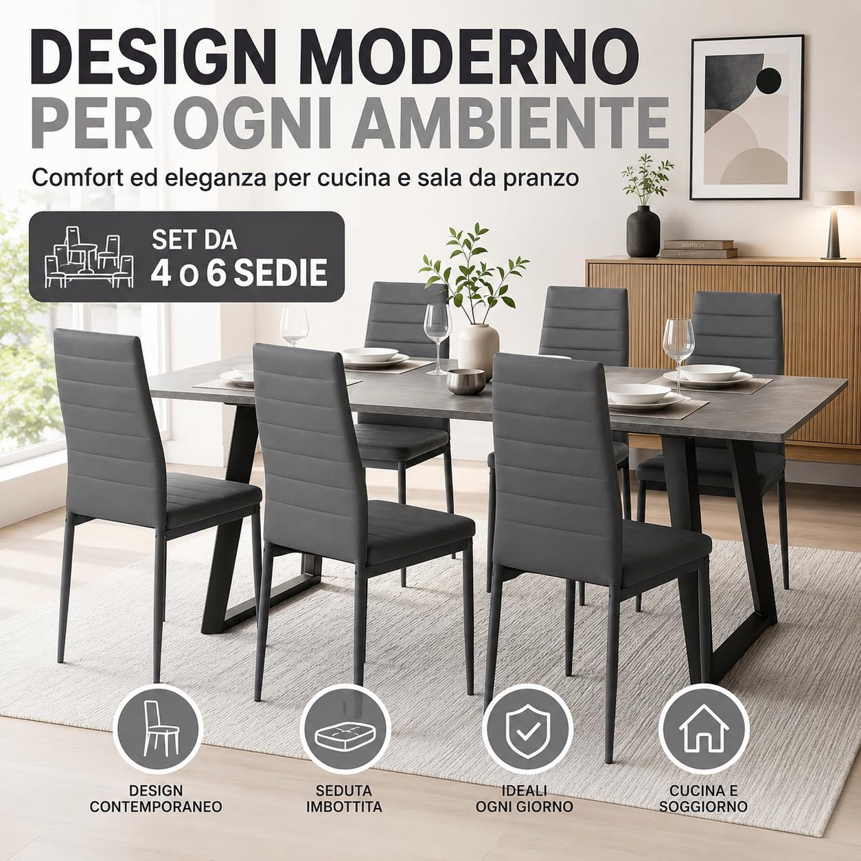 IlGruppone Set Sedie da Pranzo 4 o 6 Pezzi, Sedie Moderne Imbottite per Cucina Soggiorno Sala da Pranzo, Facile Montaggio con Gambe Robuste, Rivestimento in Pelle Sintetica - Beige - 4 Pezzi