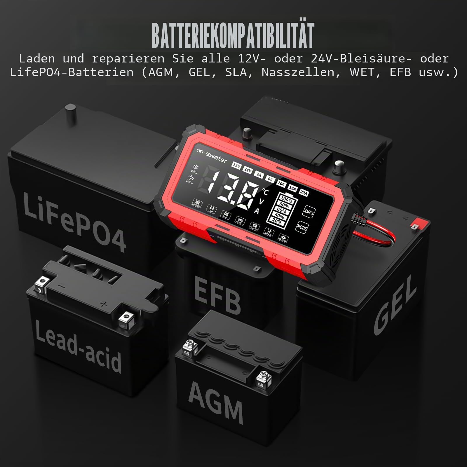 20A Autobatterieladegerät, 12V/24V Lifepo4 Blei-Säure Ladegerät, Intelligentes Erhaltungsgerät für AGM, Auto, Motorrad, Boot, Wohnwagen
