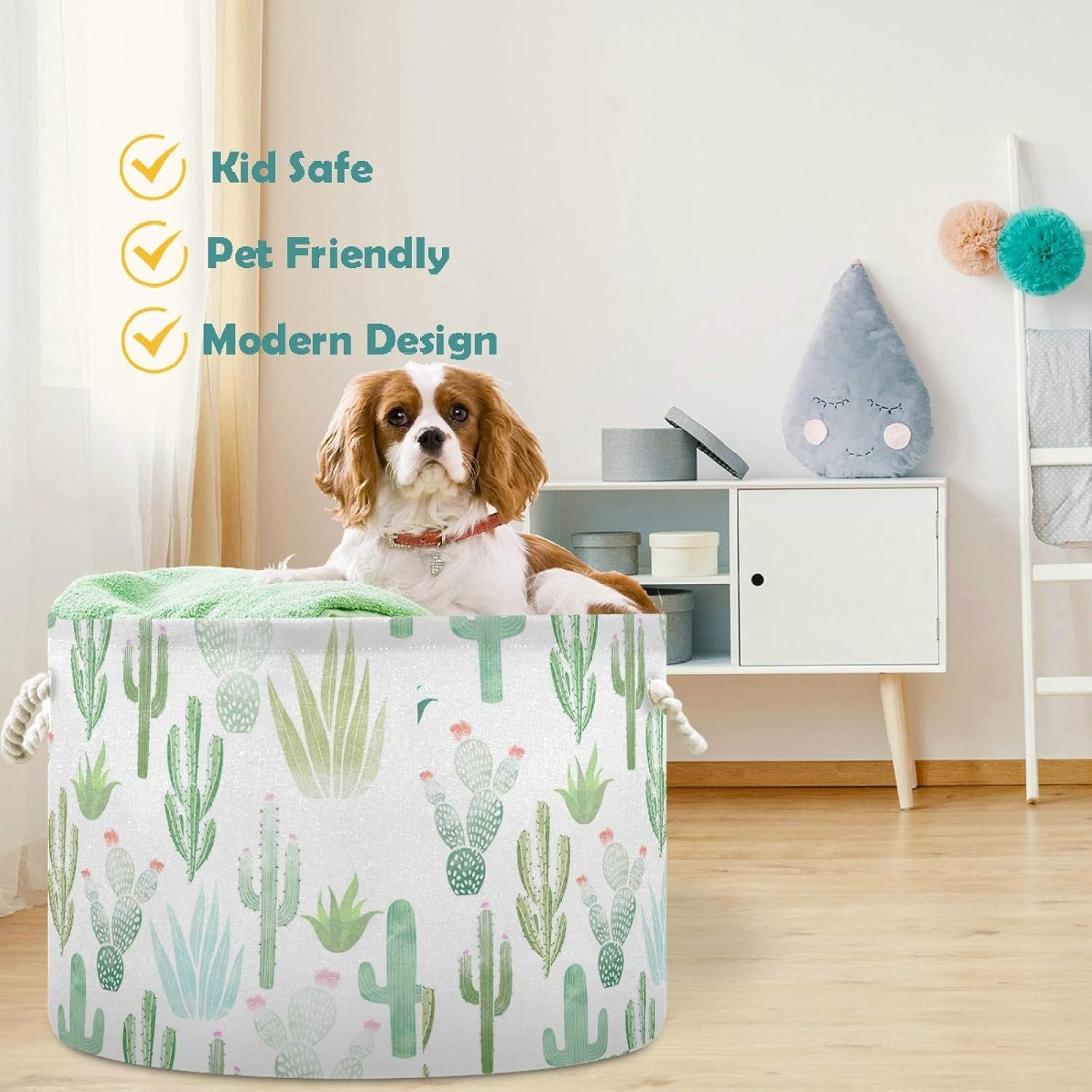 visesunny Storage Basket Green Cactus Nursery Hamper Basket Clothes Toy Storage Organizer Bin Box Collapsible Laundry Bag for Kid Room,Playroom,Bathroom,Living Room,Dorm,Office