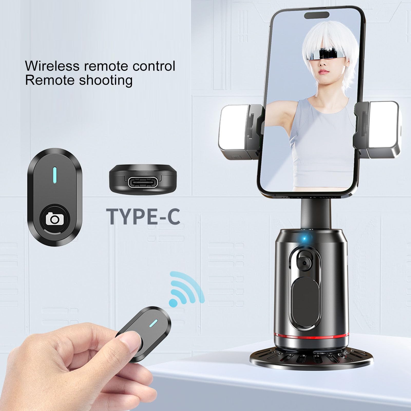 Soporte para Teléfono con Seguimiento Automático Inteligente, Soporte para Teléfono Recargable con Rotación de 360° con Control Remoto, Luz de Relleno para Transmisión en Vivo,