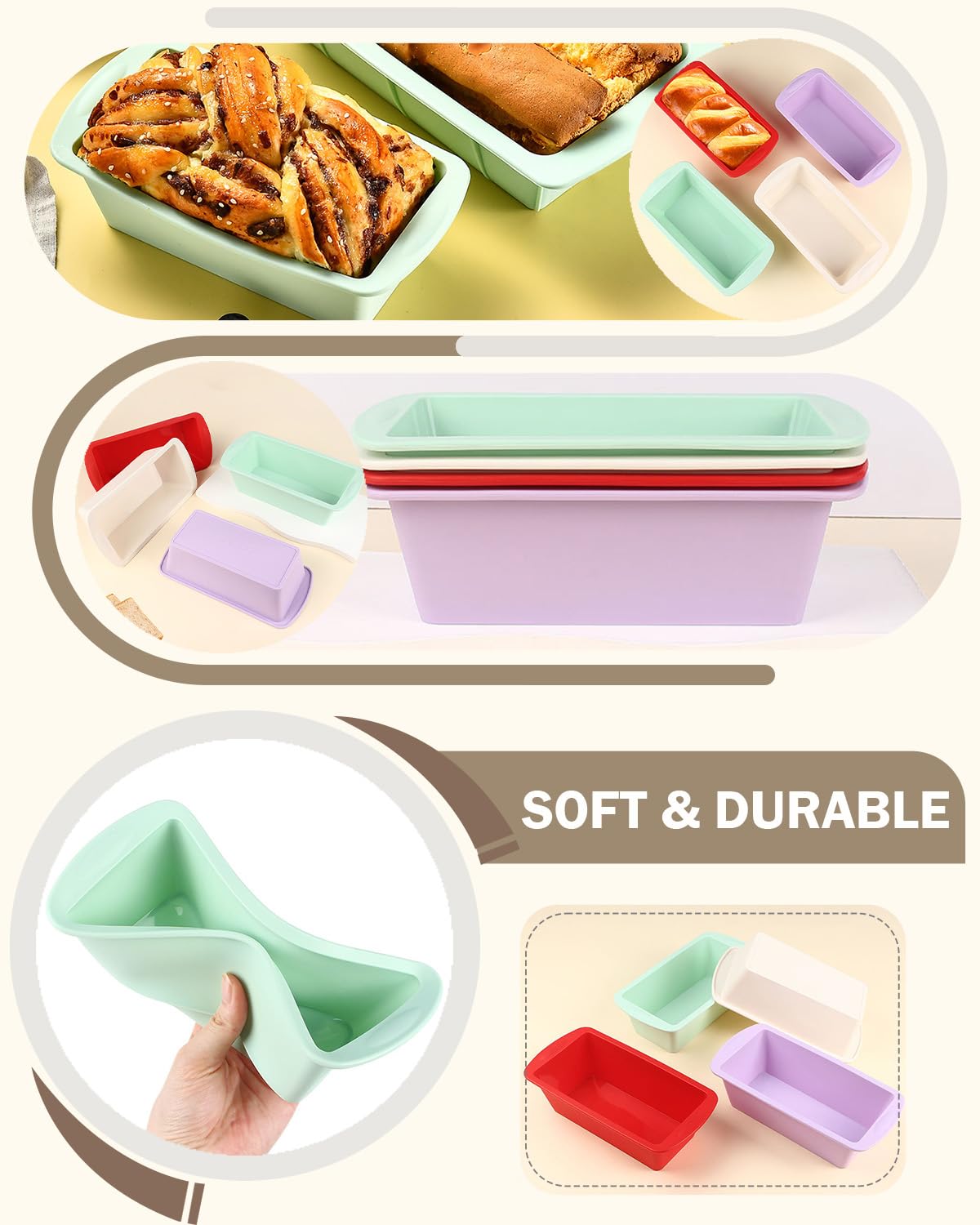 Molde de silicona para pan, sartenes antiadherentes para hornear, moldes de silicona flexibles para pan, pasteles, pastel de carne (4 unidades, rojo, verde, blanco y morado)