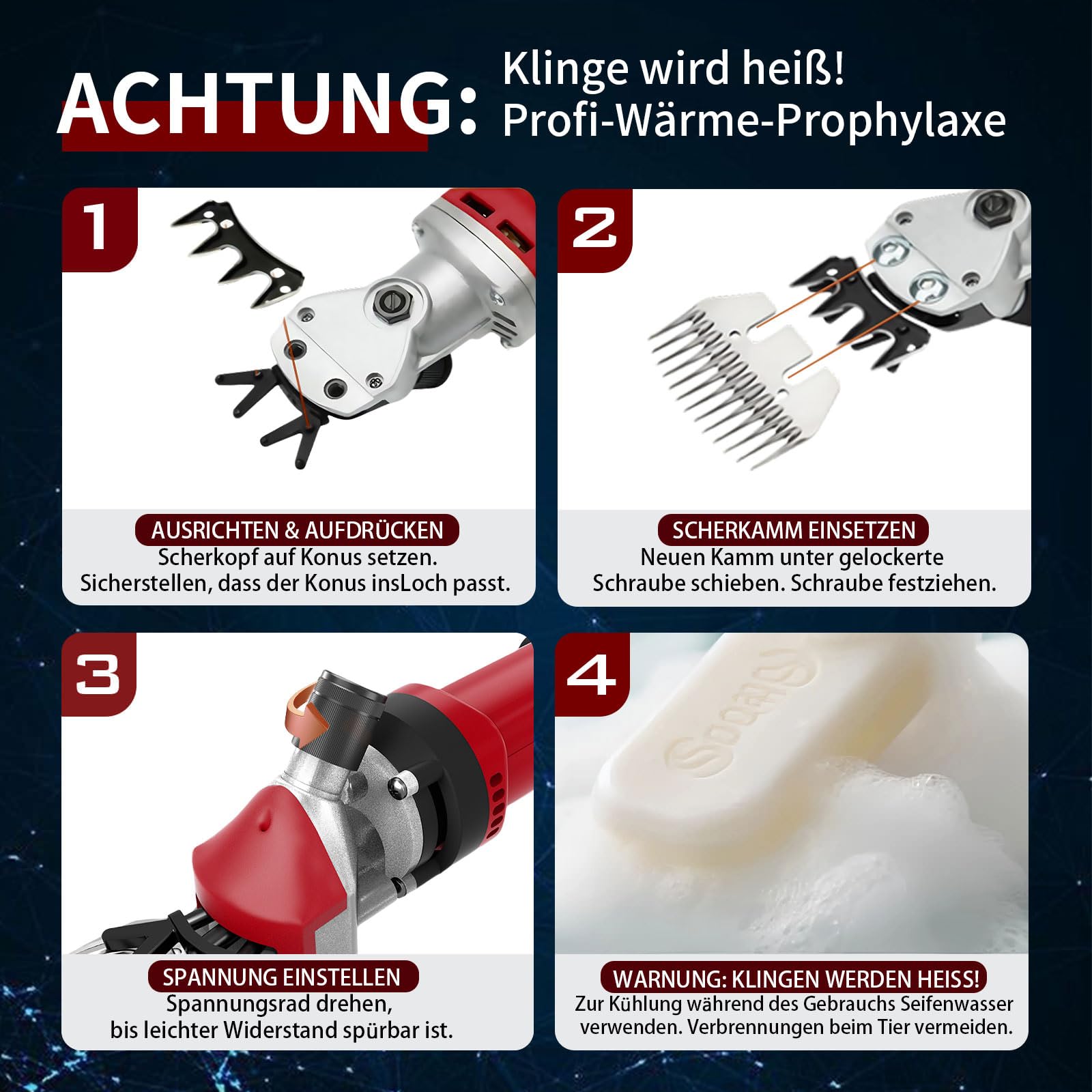 1200W High-Power Schafschermaschine, 6 Geschwindigkeiten, 3200 U/min, elektrische Schafschere mit 13-Zahn-Klinge, Set im Koffer, für Schafe, Alpakas, Ziegen (Rot)