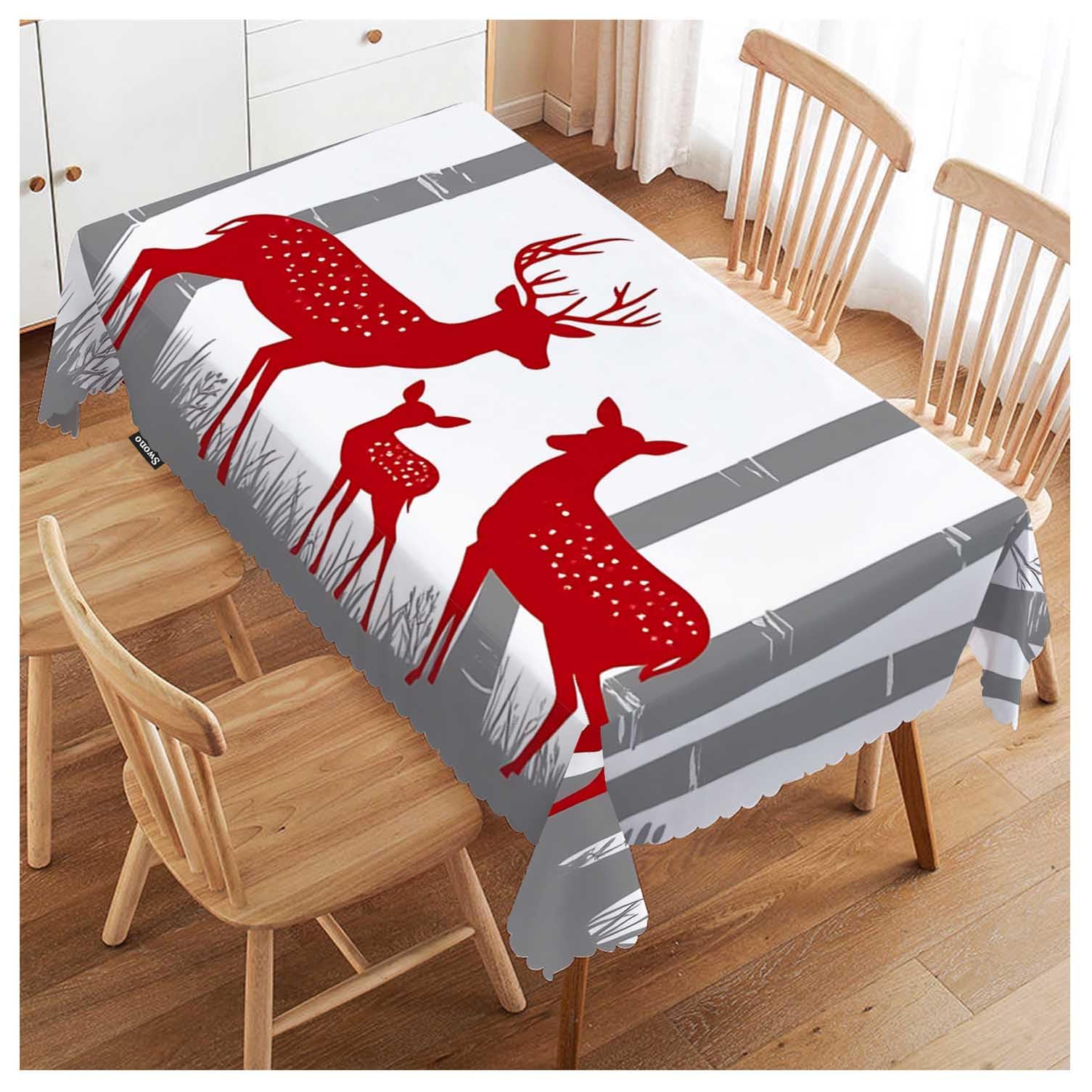 FJQWKLF Tablecloth 52"X70" Deer, Red Christmas Deer Birch Tree Winter Rectangle Table Cover Anti-Oil Tablecloth for Dining Tables, Parties, Wedding and Banquet Decoration
