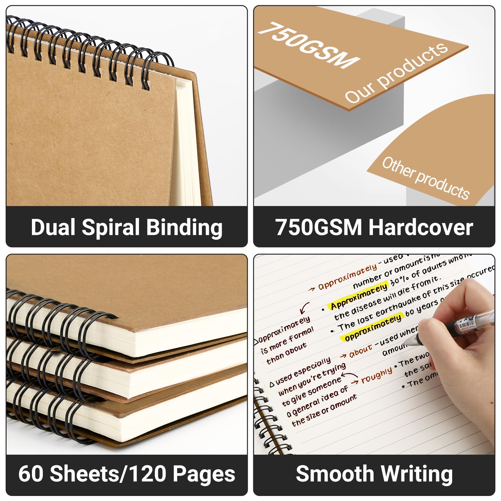 EUSOAR Quaderno a righe con copertina rigida, formato A4, 3 confezioni da 21,6 x 27,9 cm, 120 pagine a righe in carta kraft, quaderni a righe per college, quaderni per appunti, appunti, schizzi,