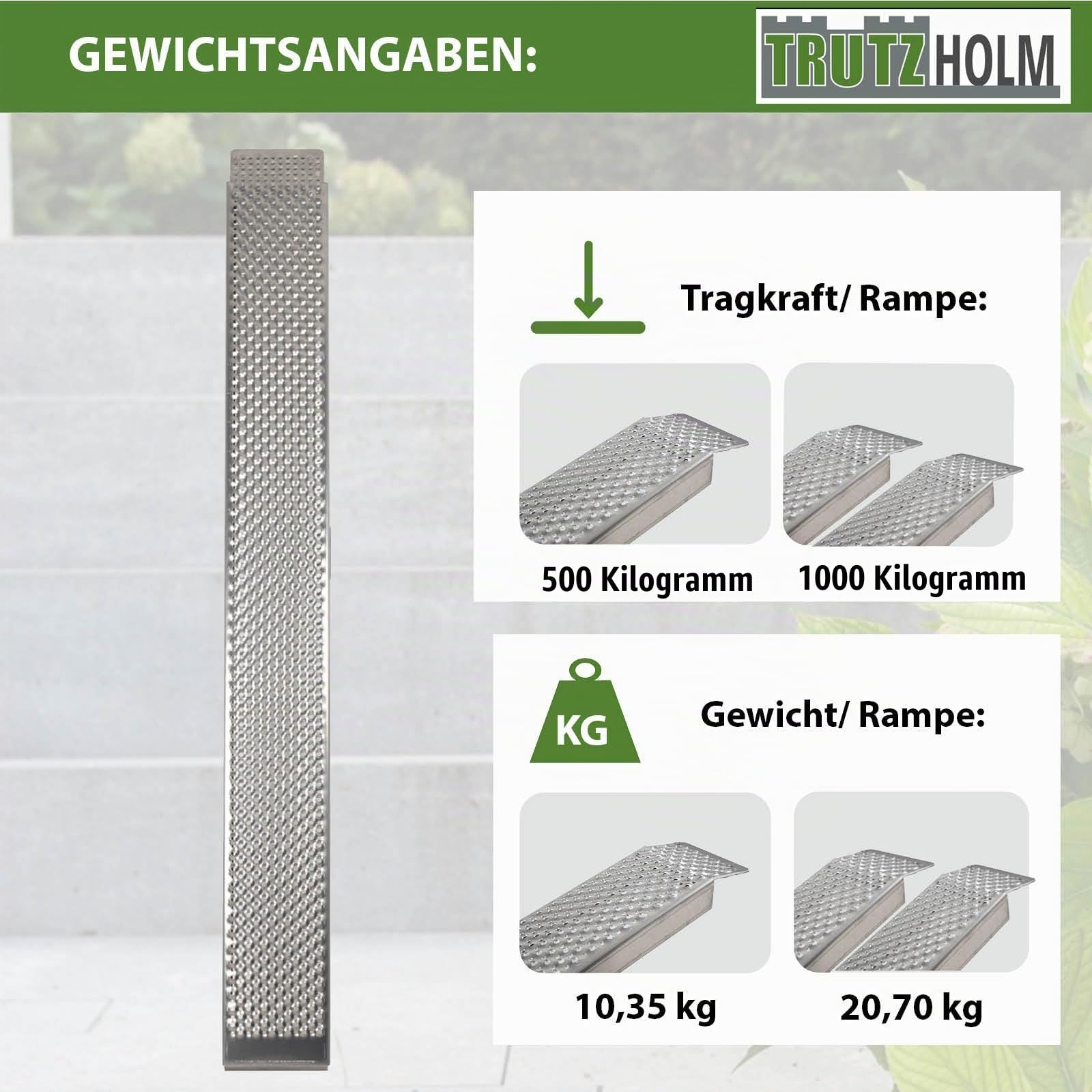 TRUTZHOLM 1 x Auffahrrampe 250 cm 500 kg Alu grau gebördelt Motorradrampe Verladerampe