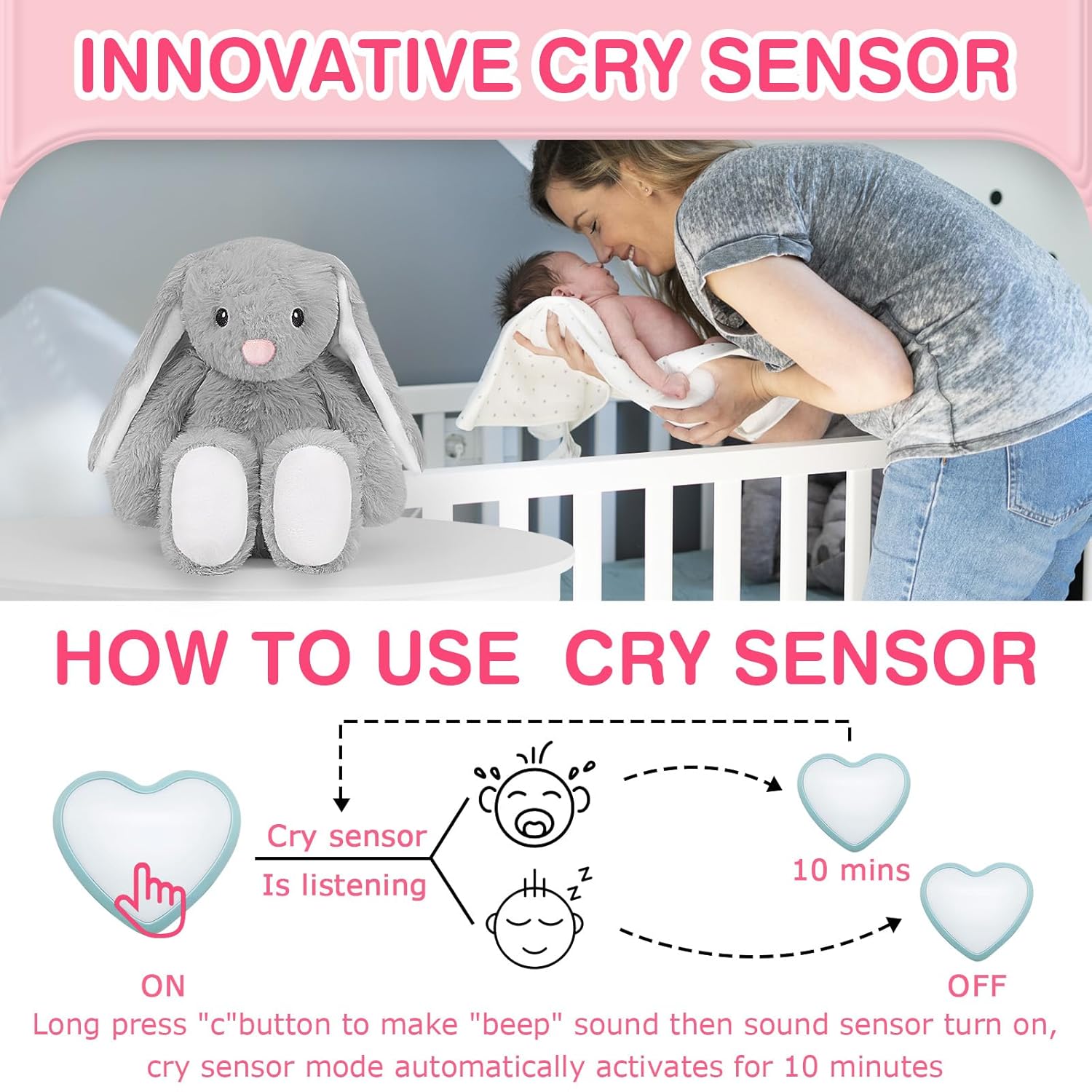 Baby Soother Cry Activated Sensor Toys,Heartbeat Bunny for Babies,Plush Stuffed Animal for Newborn Infants,Toy Vibrating with Mom’s Heartbeat,Baby Shower Gifts for Girls and Boys