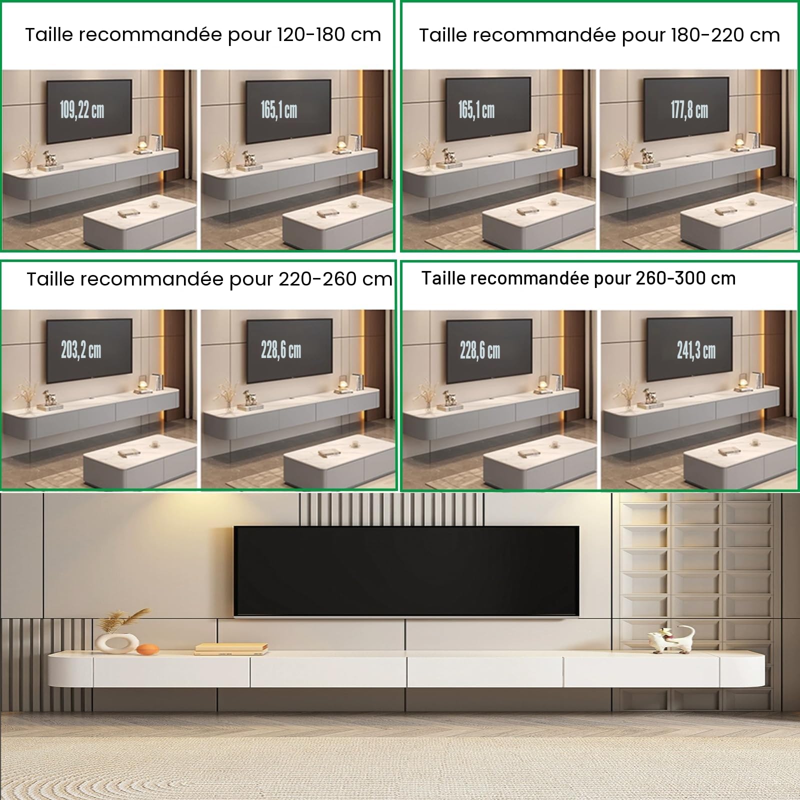 Meuble TV suspendu en bois massif pour salon, maison, table basse, support TV 140, 160, 180, 200, 220, 240 cm, plusieurs tailles (Blanc-Marron, 160 x 20 x 24 cm)