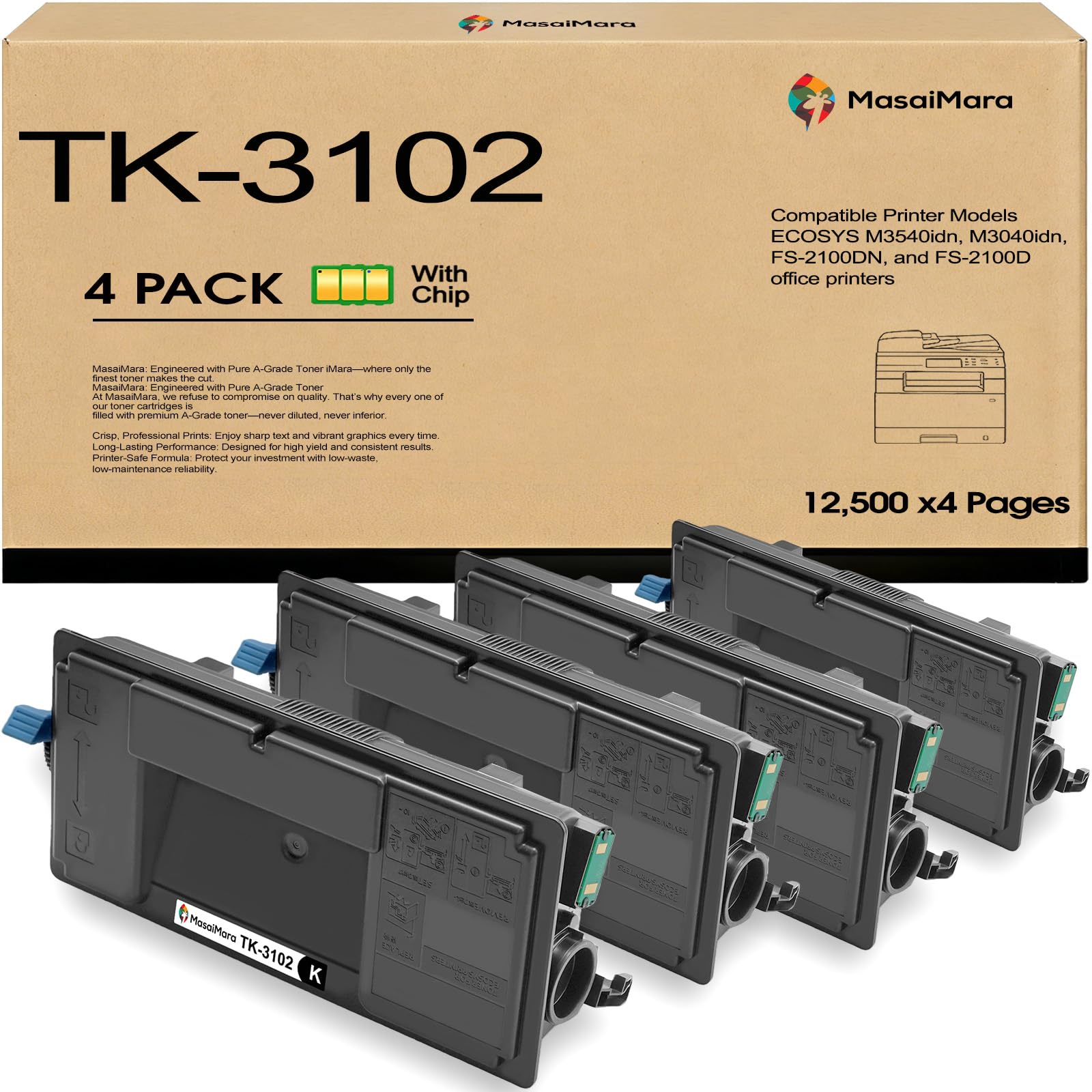 MasaiMara High Capacity TK-3102 TK 3102 TK3102 1T02MS0US0 12,500 Pages Compatible Toner Cartridges Replacement for Kyocera ECOSYS M3540idn M3040idn FS-2100DN FS-2100D Printer (Black, 4-Pack)