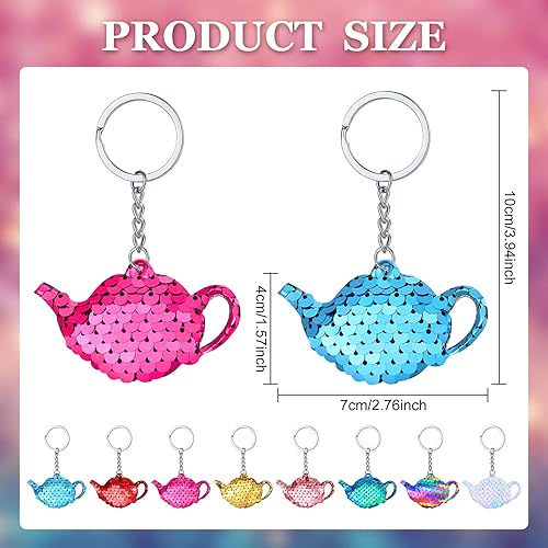 Miniatura 2 de Sureio 24 llaveros de fiesta de té para niñas, regalos de fiesta de té, tetera con lentejuelas con purpurina, llaveros reversibles para niños,