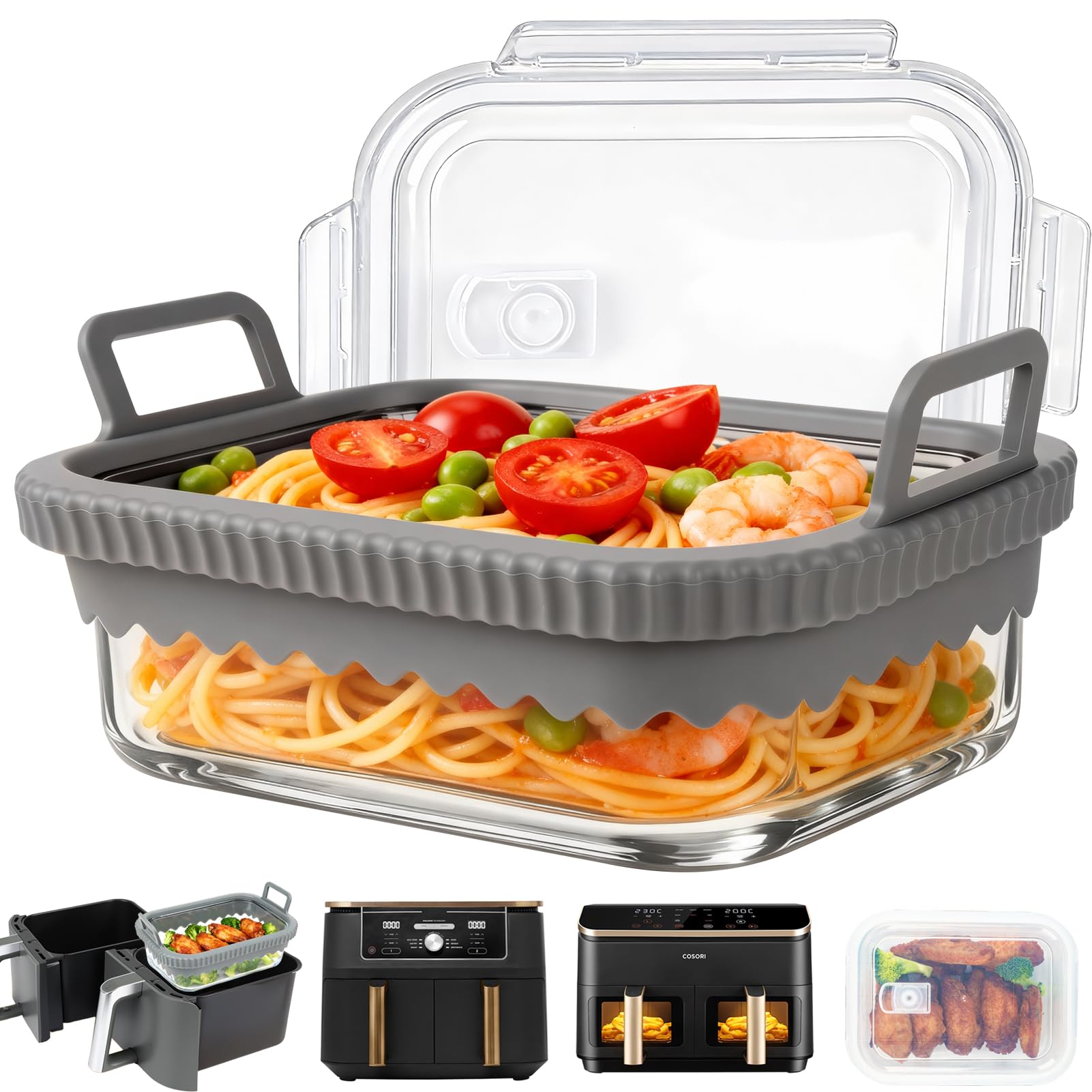 YQL Airfryer Zubehör für COSORI Heißluftfritteuse 2 Kammern 8,5L/Ninja AF400EUCP/DZ400EU, Hitzebeständig, Kratzfest, Auflaufform Glasbehälter für COSORI CAF-R901-AEU/Ninja Dual 9,5L