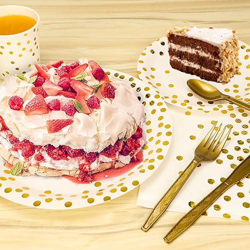 Vista 34 de Juego de vajilla desechable dorada de 176 piezas y vajilla desechable de punto dorado para fiesta, platos de papel negro, servilletas, vasos, 176