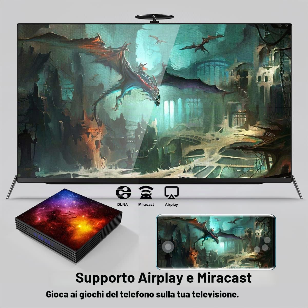 4K UHD TV Box Android 4GB RAM 64GB ROM, custodia TV supporto Wi-Fi 2.4G/5G, Bluetooth, HDMI, USB, mini tastiera senza fili inclusa