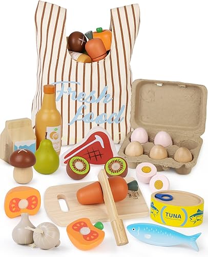 Juegos de comida de madera para niños, juguetes de comida para niños pequeños de 3 años en adelante, con bolsa de compras, juego de comida de