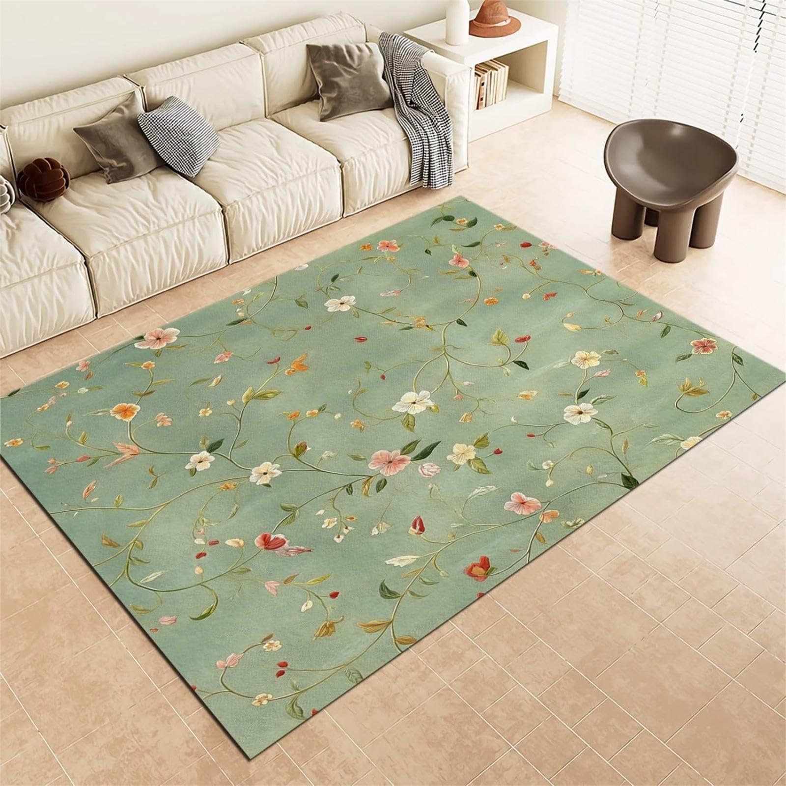 Tappeto antiscivolo Elegante trama floreale, tappeti lavabili Soggiorno Camera da letto 120x150cm Fiori e viticci Tappeti soffici a pelo corto, Decorazione tappeto per bambini verde salvia