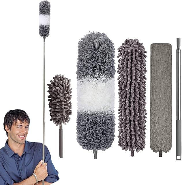 Extendable Feather Duster, Microfiber Dusters for Cleaning Ceilings Fan, 250CM Extension Pole flexible to Reach Cobwebs, Washable Duster for Furniture, Sofa, Baseboards, Bendable Long Duster Set 5PCS