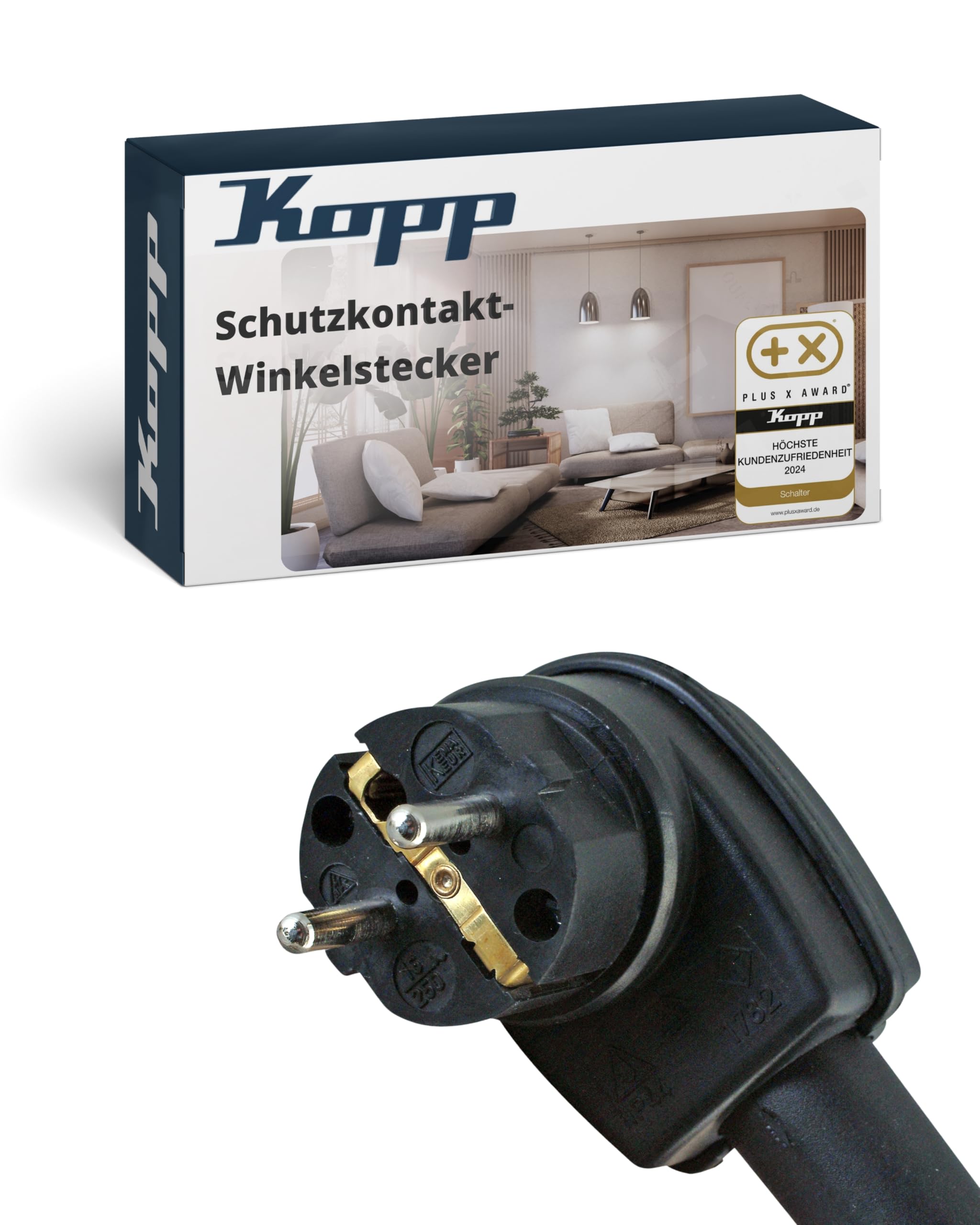 Kopp Schutzkontakt-Winkelstecker in Schwarz - Vollgummi-Stecker mit Knickschutzhülle - IP44 Schutzkontaktstecker für Strom-Kabel bis 3 x 2,5 mm² - Bruch- & schlagfester Kabel-Stecker 250V~
