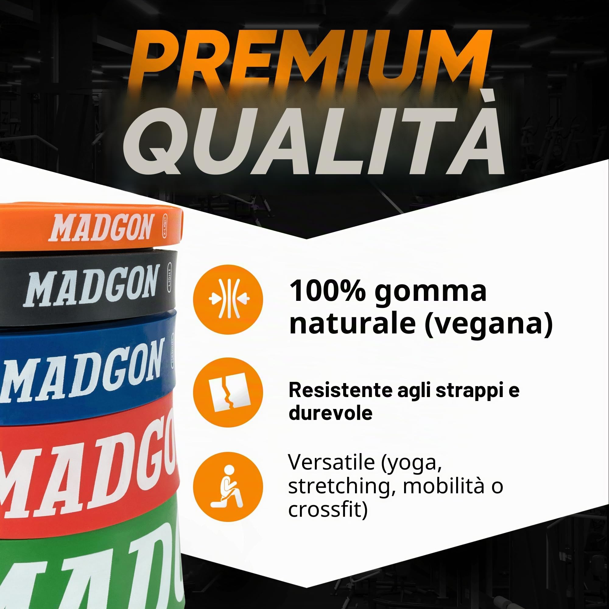 MADGON Bande Elastiche di Resistenza (Come Fascia Singola in 5 Punti di Forza o in Set) – Resistance Band Antistrappo con Borsa e Guida PDF - Elastici Fitness