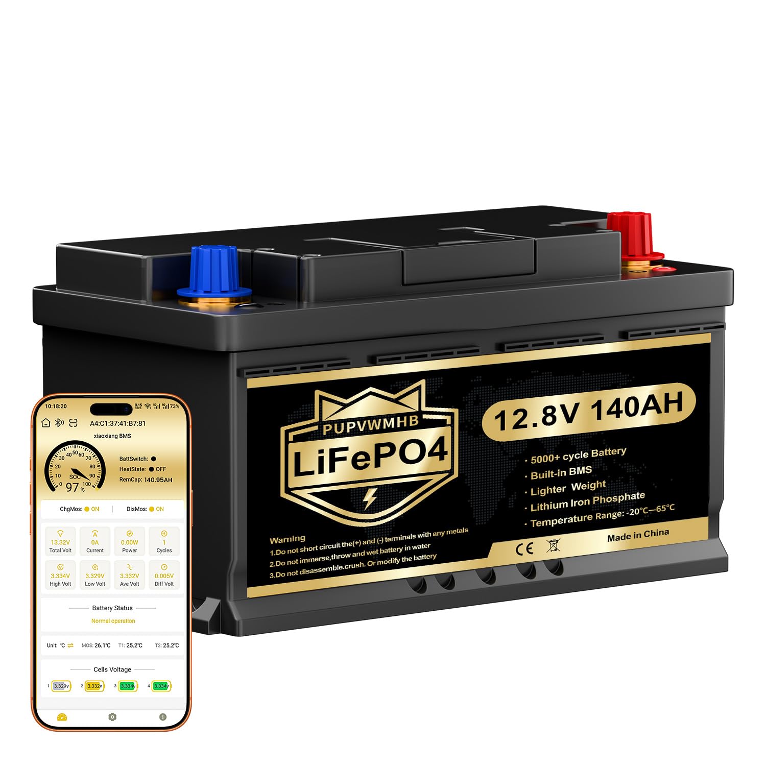 Batterie LiFePO4 12 V 140 Ah avec Bluetooth, BMS 150 A et protection basse température, plus de 15 000 cycles, 1792 Wh, pour camping-car, bateau, camping, solaire et systèmes hors réseau