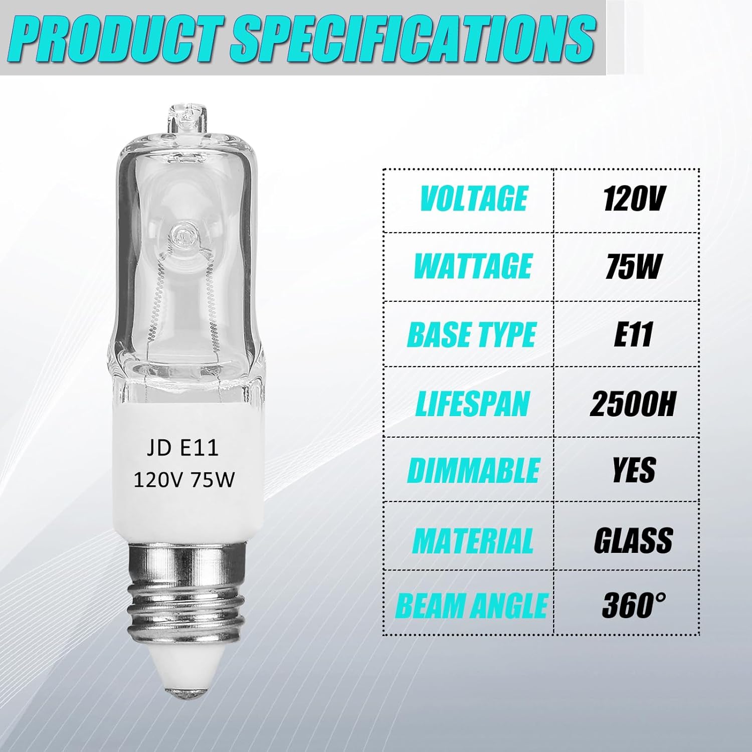 JDE11 120v 75w, E11 Bulb, T4 E11 Mini Candelabra Base, 2700K Warm White Dimmable Halogen Bulb for Ceiling Fan Light, Chandeliers, Cabinet Lighting, Table Lamps(2 Pack)