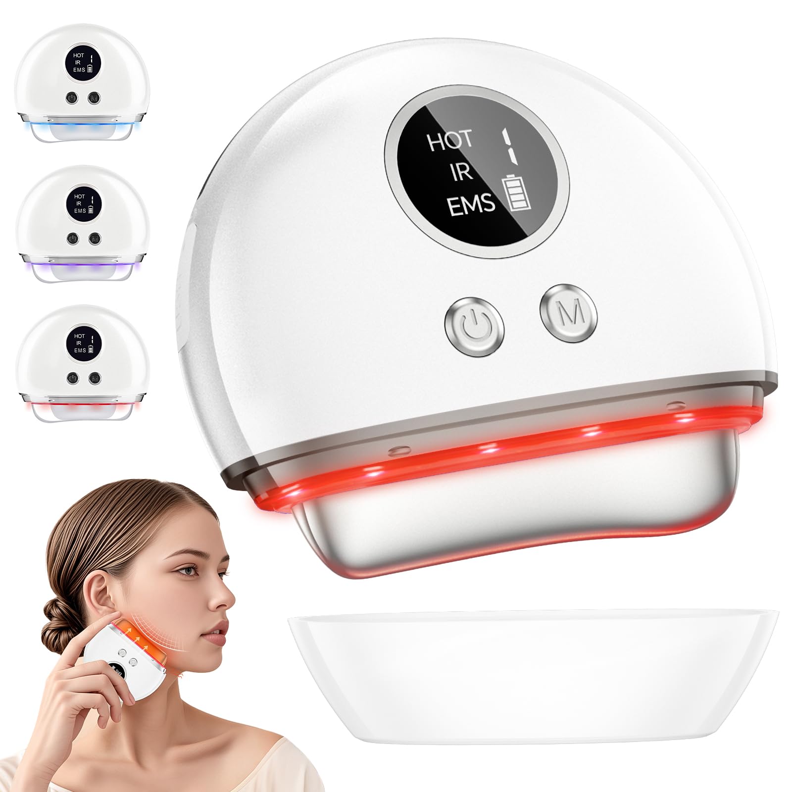Appareil Gua Sha Électrique Visage, Massage Anti-Rides, 3 Modes EMS, Raffermissement Visage, Lifting, Double Menton, Appareil de Tonification Visage avec Lumière LED