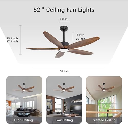 Miniatura 7 de Ventilador de techo de 5 aspas de madera con luz y control remoto, motor CC reversible silencioso, 6 velocidades de viento, LED regulable y memoria,