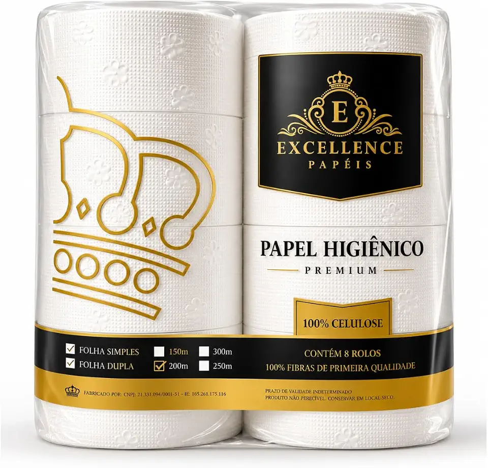 Papel Higiênico Rolão Folha DUPLA Kit com 8 Rolos – 1.600 Metros, Premium, Branquíssimo, Alta Absorção e Alto Rendimento