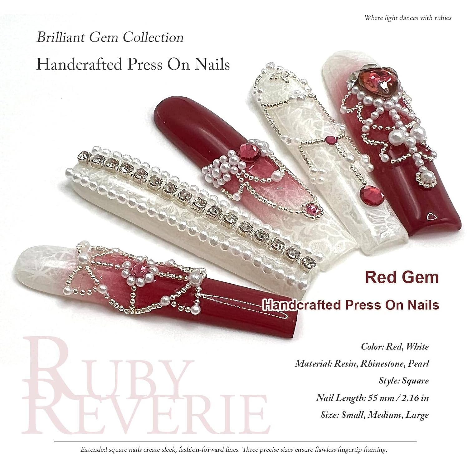 Artisan Red Gem Press On Nails, Handcrafted Reusable Extra Long Square Fake Nails, Original Heart Ruby Design Hard-Wearing Artificial Nails (Small)