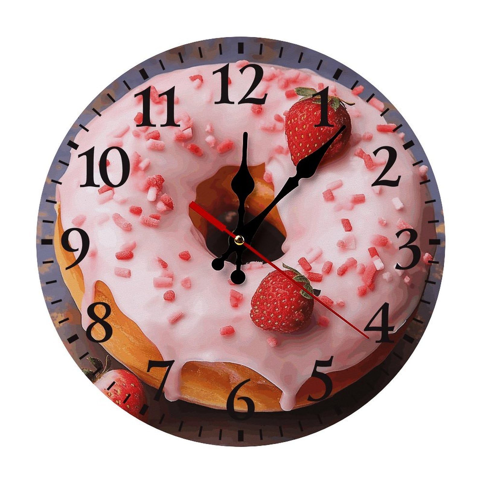 QMNLKH Strawberry Donut Wall Clock for Home, Battery Operated Clock for Hotel, Round Wall Clock with Arabic Numerals Black, Easy to Read, Non-Ticking Clocks for Living Room 25 * 25cm